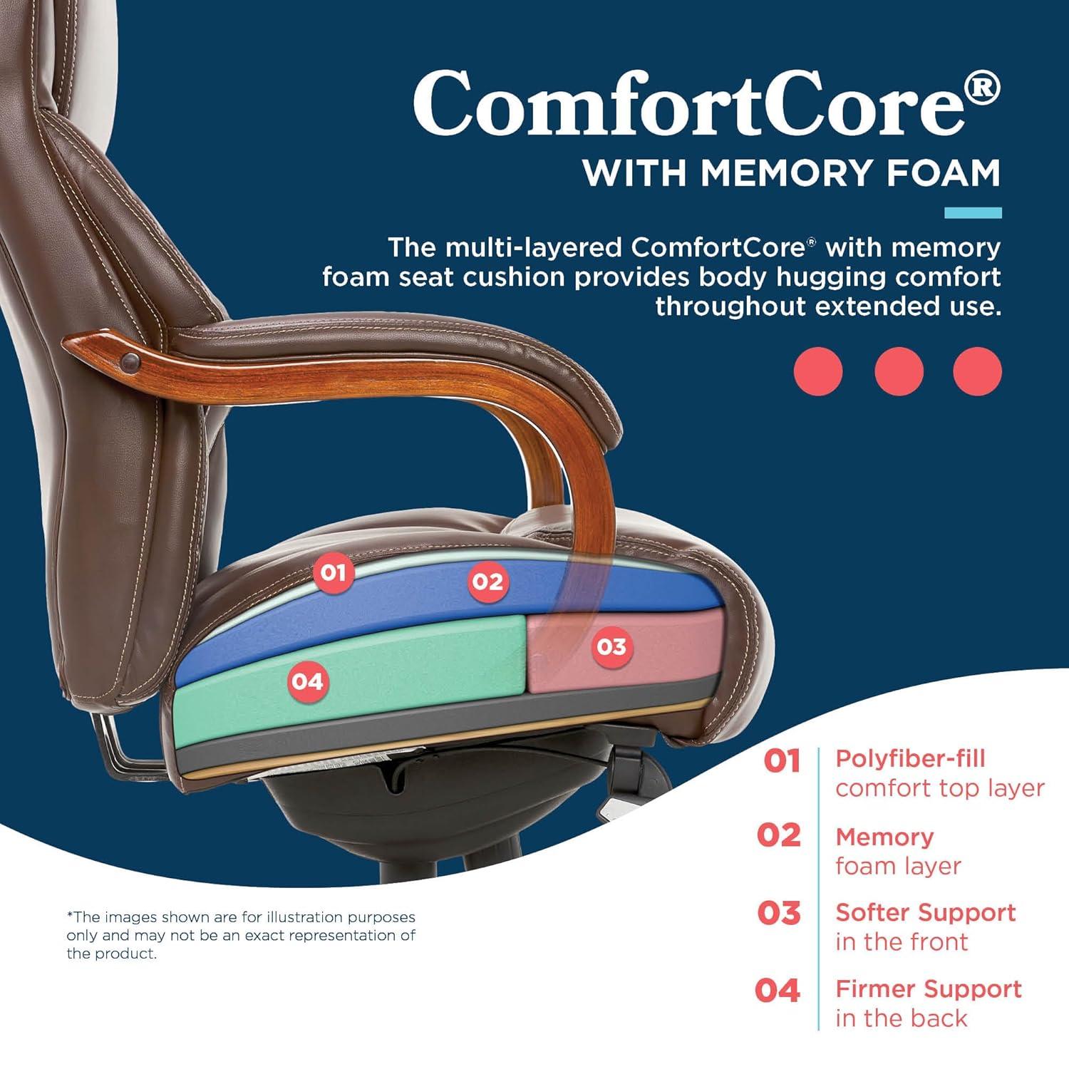 La-Z-Boy La-Z-Boy Delano Big & Tall Executive Office Chair, Ergonomic Mid-Back with Body Pillow Lumbar Support, ComfortCore® with Memory Foam Cushion, Mahogany Wood Arms and Swivel Base, Bonded Leather