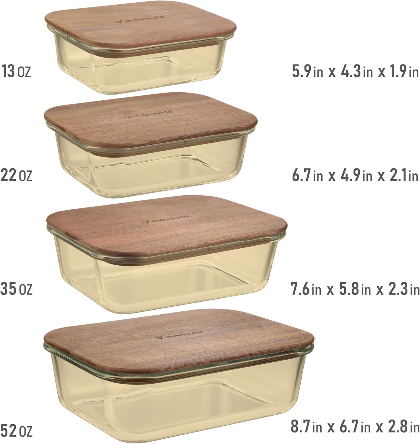 Amber Glass Meal Prep Containers with Acacia Lids, Set of 4