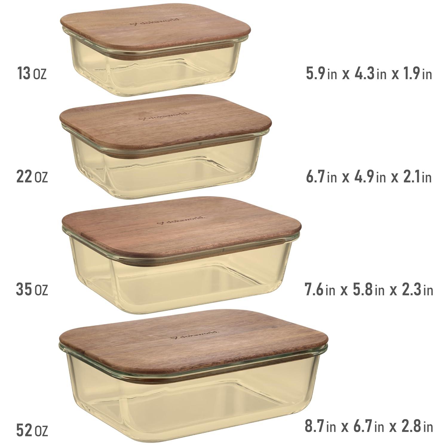 Amber Glass Meal Prep Containers with Acacia Lids, Set of 4