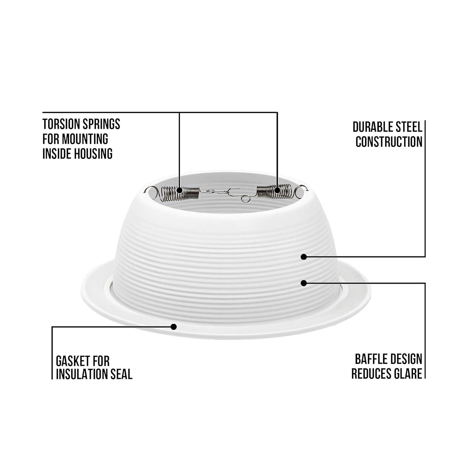 [6-Pack] 6" Metal Recessed Can Light Trim Cover, Step Baffle with Ring, White (Trim , Bulb Not Included)