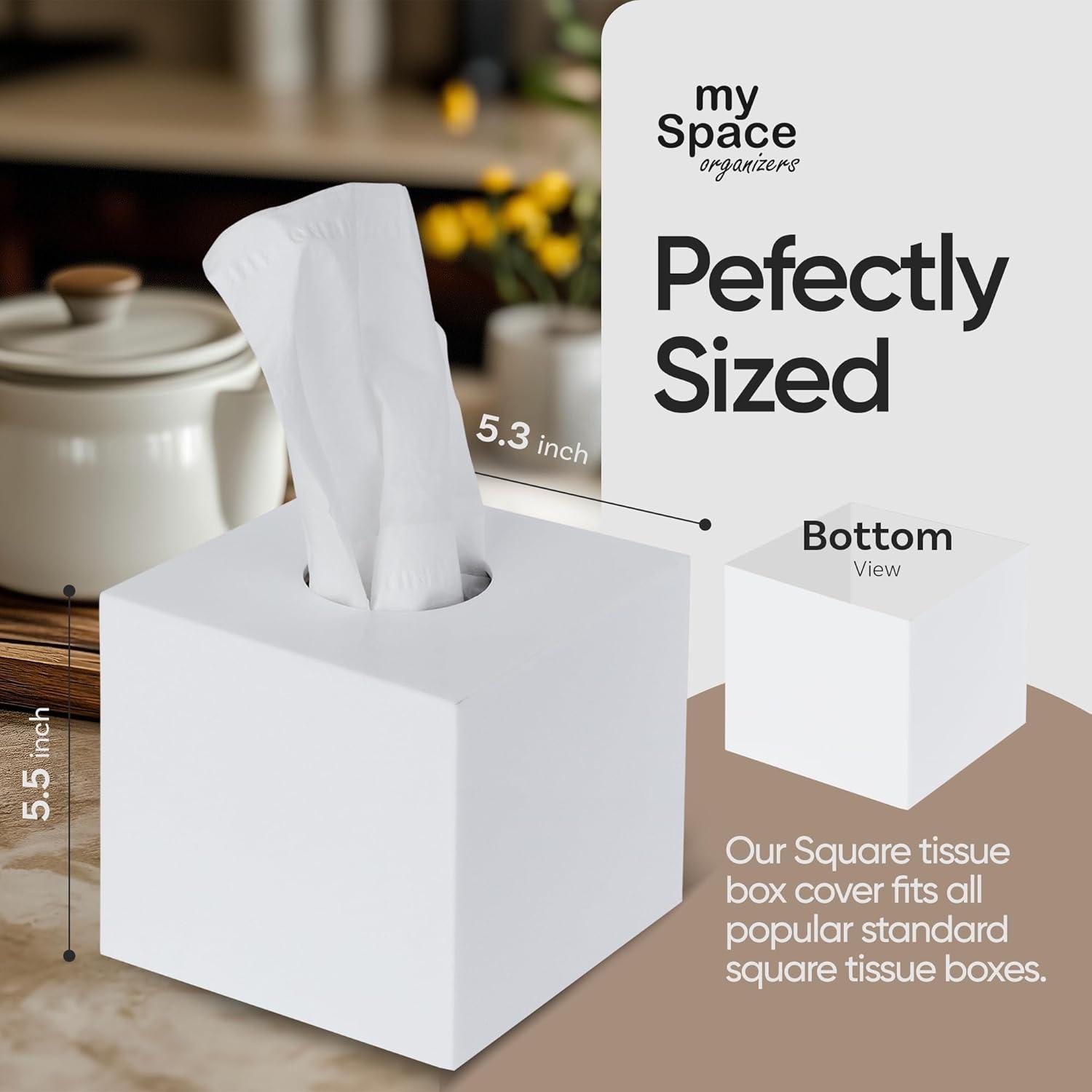 White Tissue Box Cover Square - Plastic Facial Tissue Box Holder - Decorative Cube Tissue Holder Dispenser Fits Any Vanity Countertop, Bedroom Dresser, Office, Bathroom Decor C33