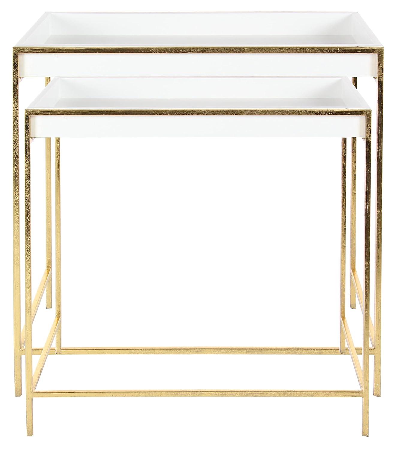 Mercer41 Blaine Wooden Nesting Tray Top Geometric Side End White Accent Table with Gold Metal Legs Set