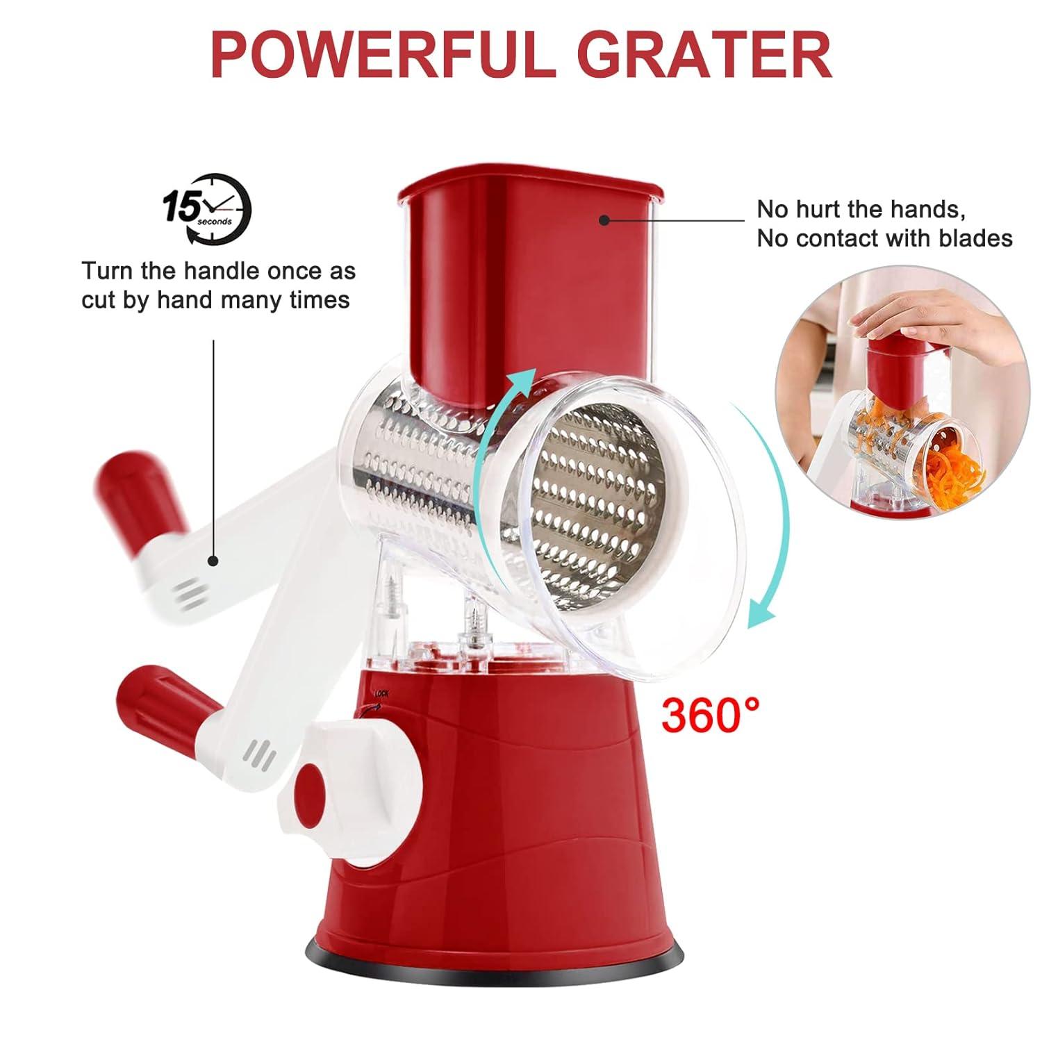 3rd Generation Rotary Cheese Grater, Mandoline Vegetable Slicer with 3 Replacement Blades, Easy to Clean Rotary Shredder for Fruit, Vegetables, Red