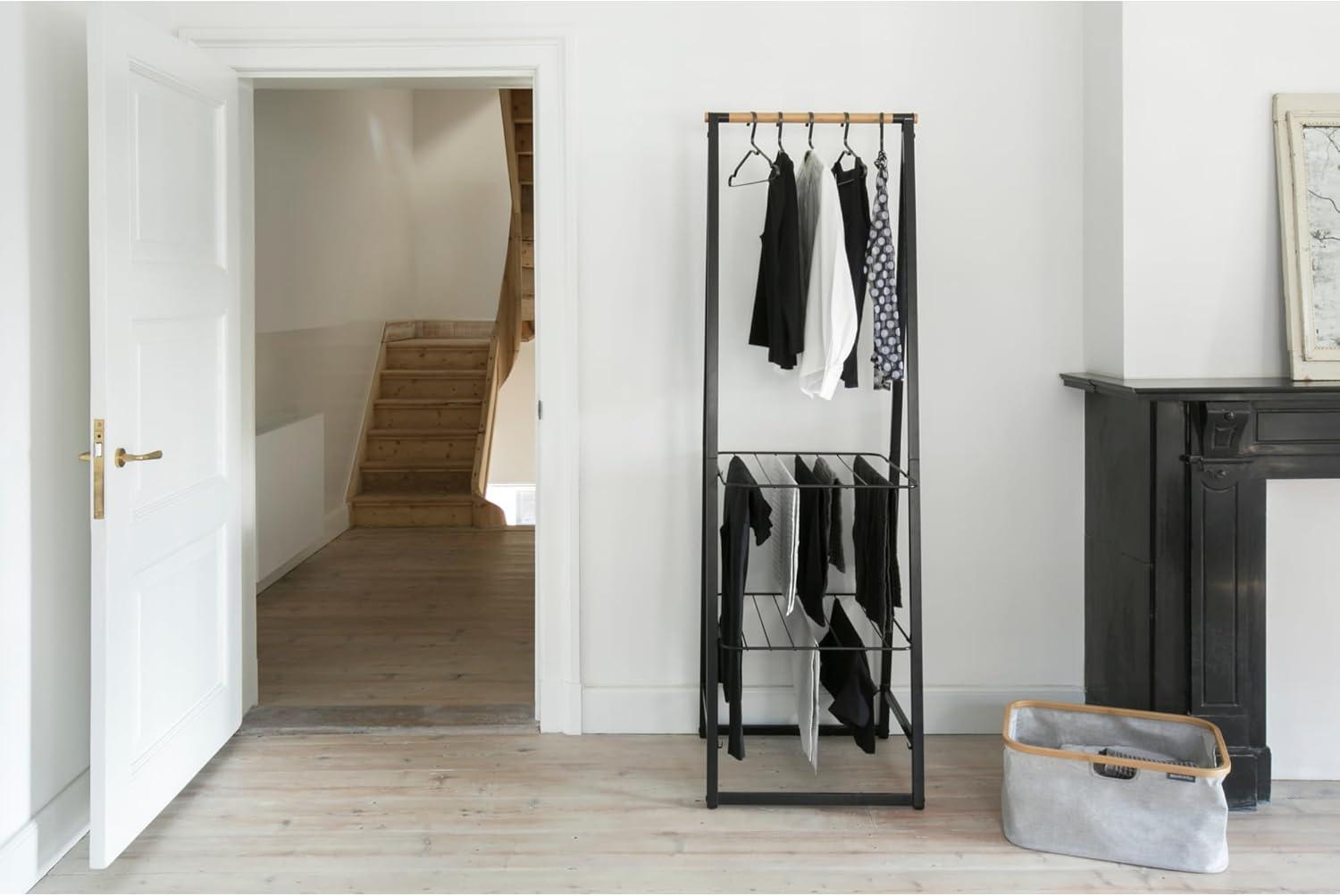 Black Steel and Bamboo Freestanding Garment Rack with Adjustable Shelves