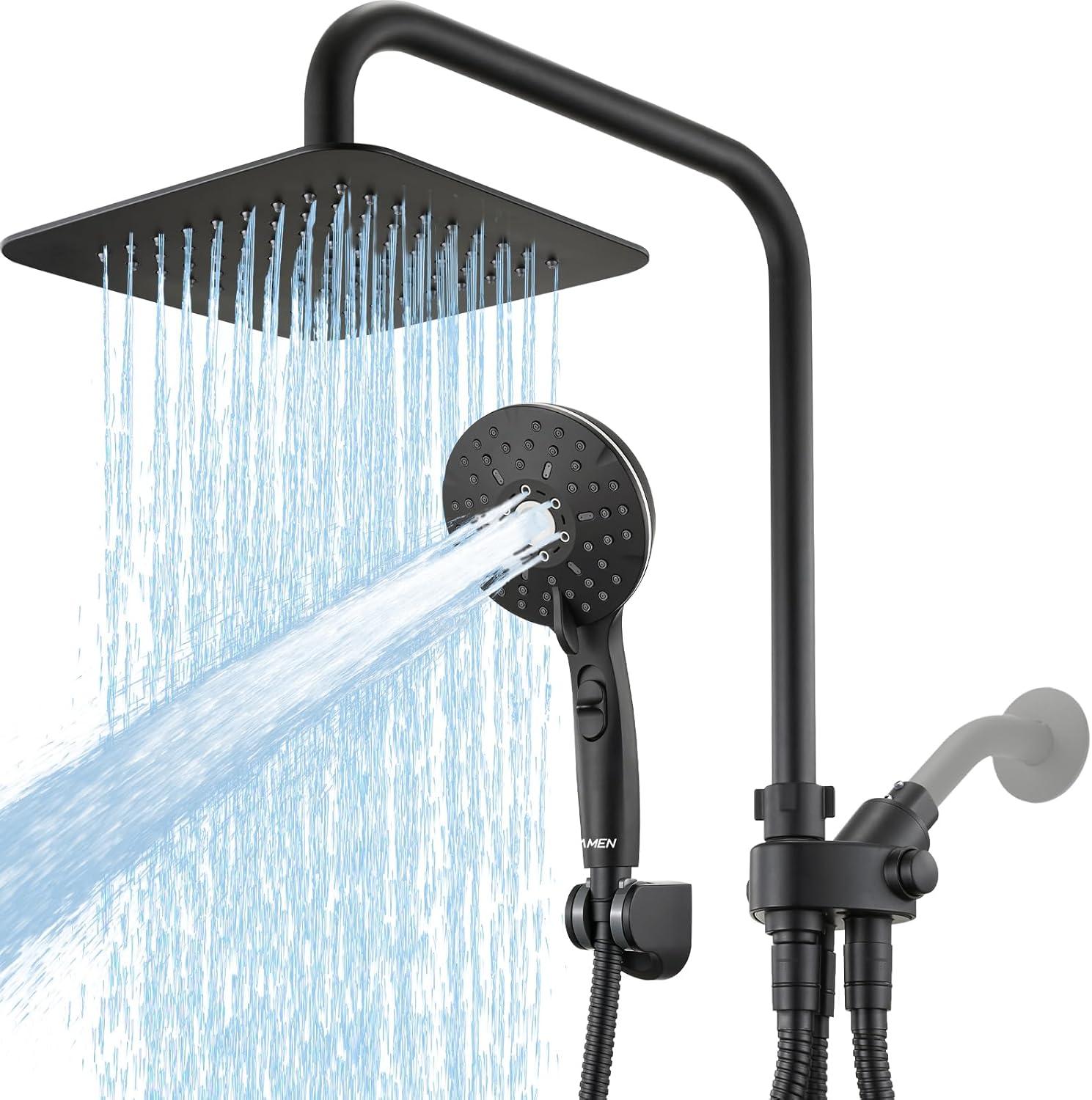 8" Dual Shower Head Combo, Rainfall Shower Head with Handheld, 6 Spray Settings Angle Adjustable Handheld Shower Head with Pause, Height Adjustable, Matte Black