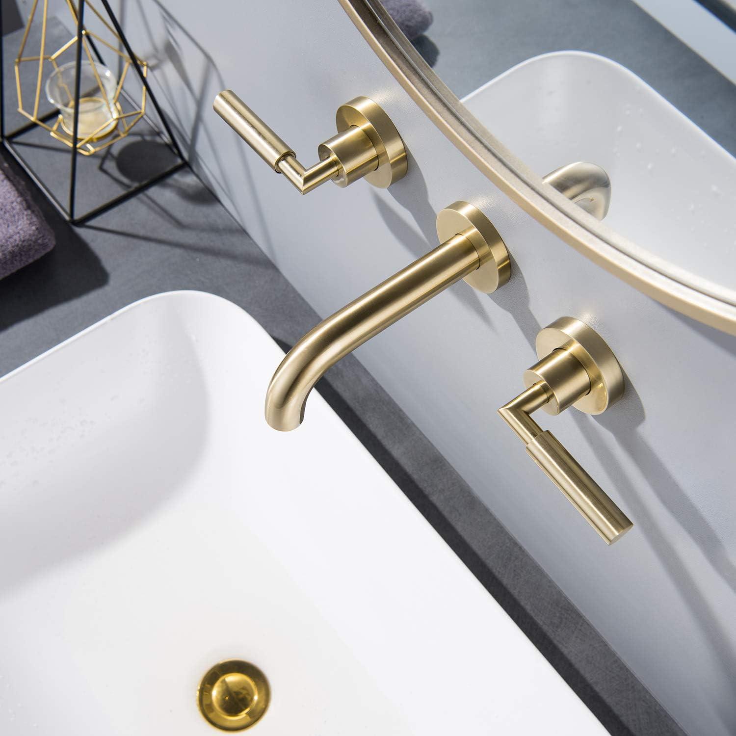 Brushed Gold Wall Mount Dual Handle Bathroom Faucet