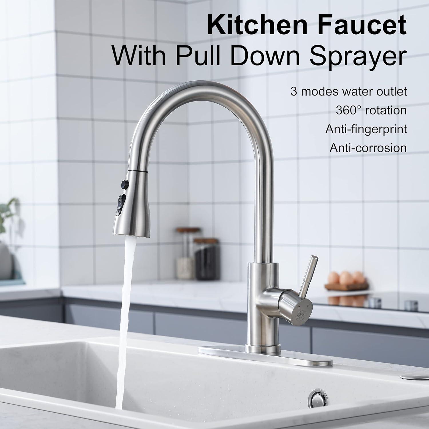 PHANCIR Kitchen Faucet with Pull Down Sprayer, High Arc Single Handle Kitchen Sink Faucets with Pause Button Premium Brushed Nickel with Deck Plate Suit to 1 or 3 Holes