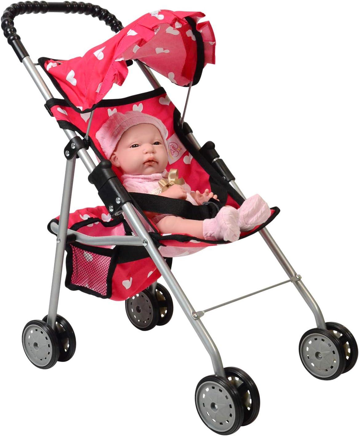 The New York Doll Collection Baby Doll Stroller - My First Toy Stroller for Kids Age 1+ Pink Heart Design