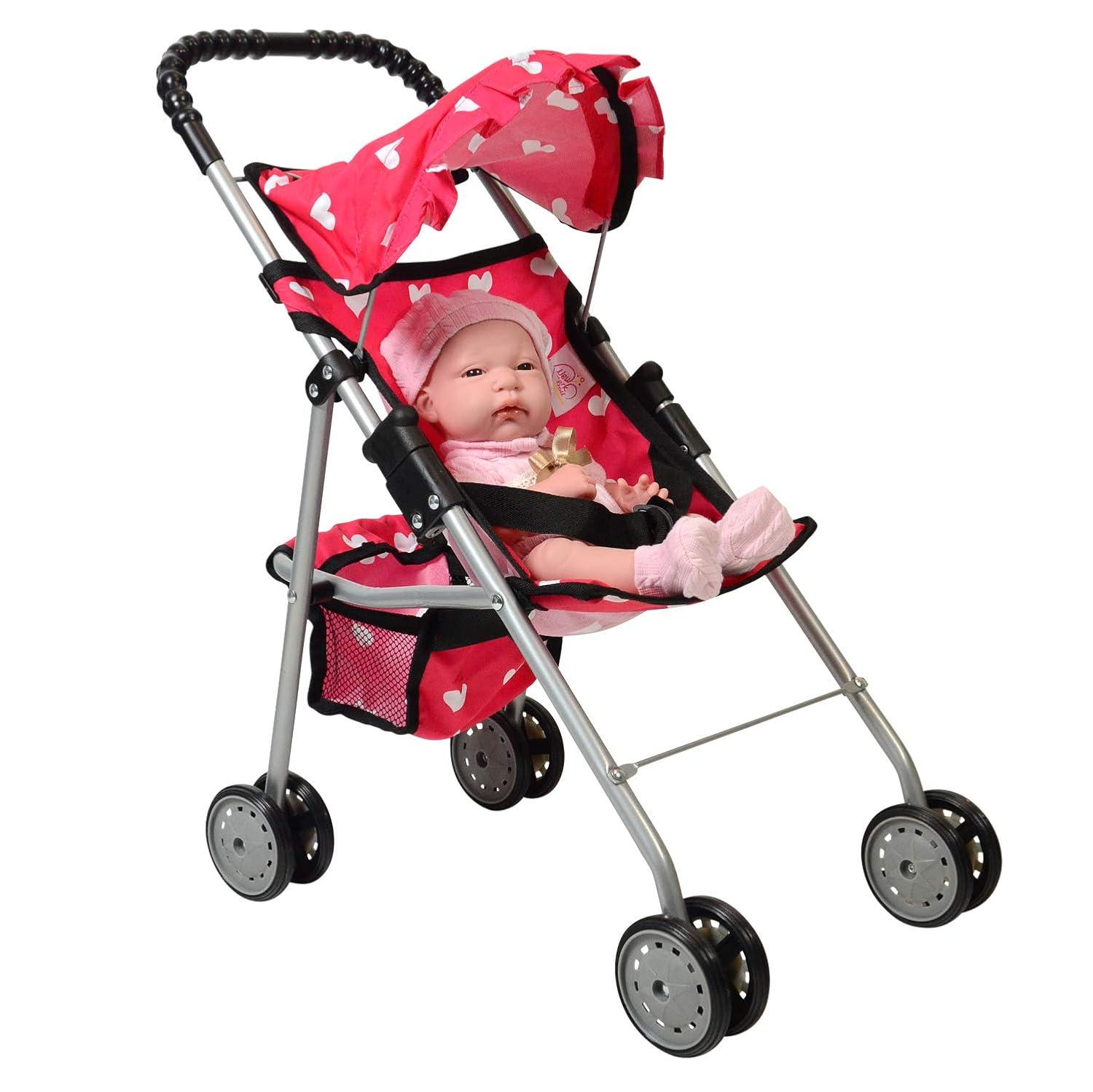 The New York Doll Collection Baby Doll Stroller - My First Toy Stroller for Kids Age 1+ Pink Heart Design