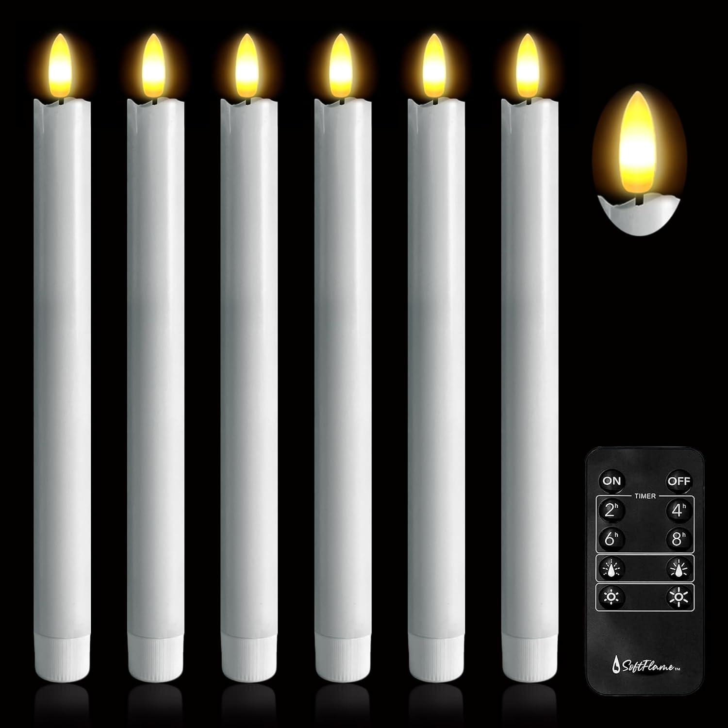 Remote Control Flameless Taper Candles, S/6 3D Flickering Battery Operated LED Window Candles Encased with Real Wax to Light Up Your Home