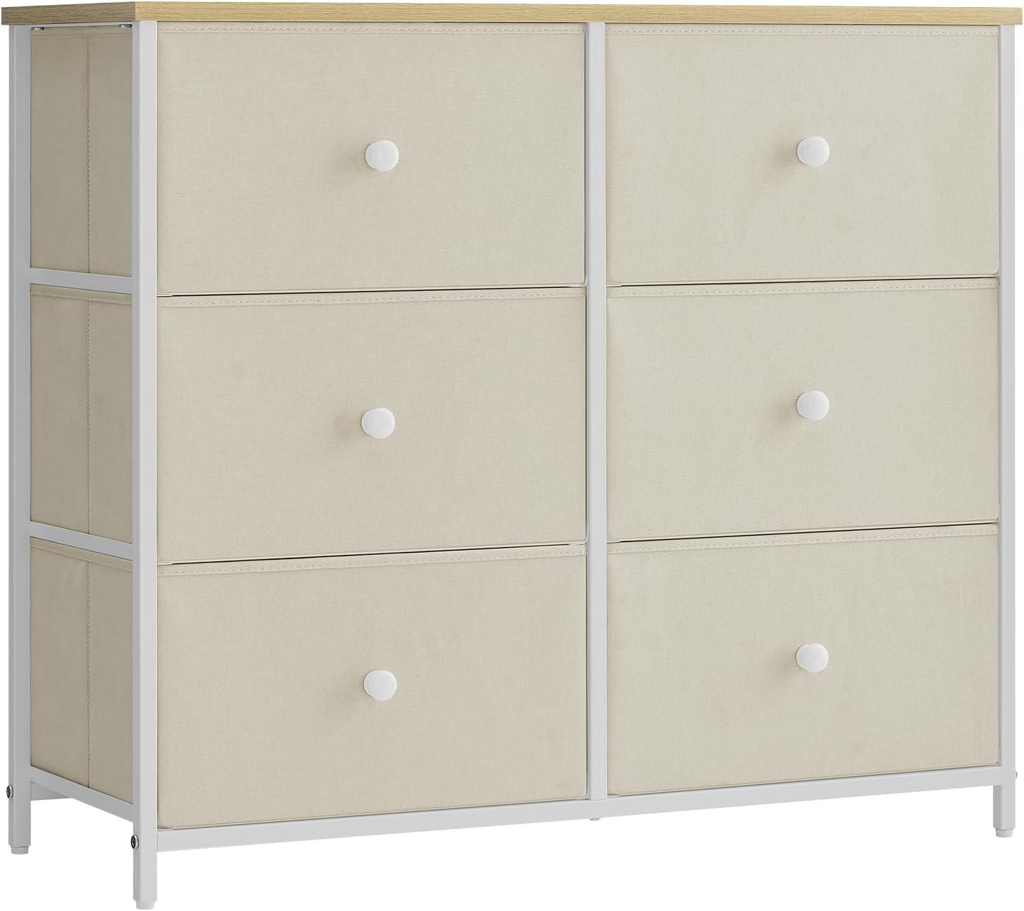 Camel Yellow and Cream White 6-Drawer Fabric Dresser with Metal Frame