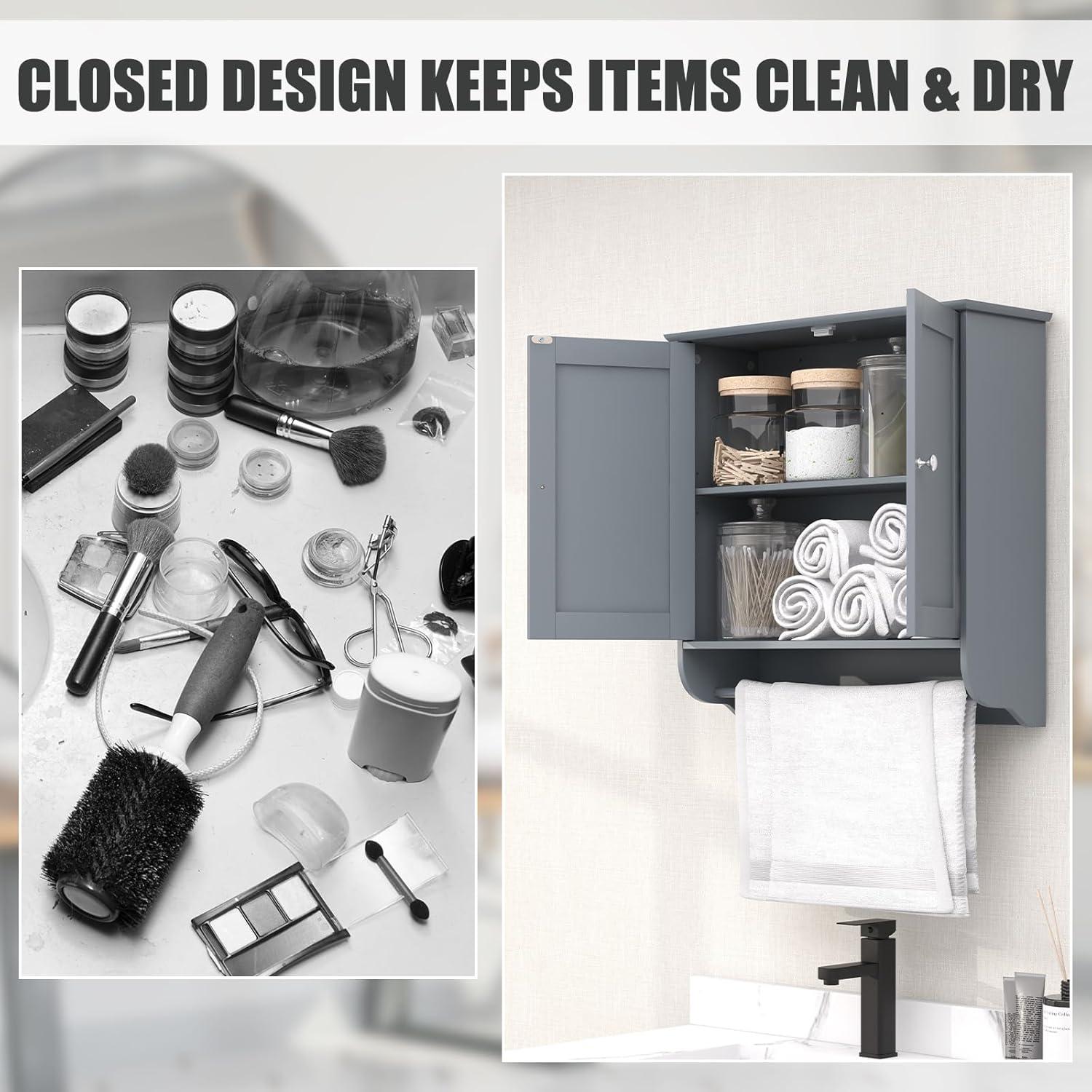 LOKO Wall Mounted Bathroom Cabinet with Towel Bar, Hanging Over The Toilet Storage Cabinet w/Adjustable Shelf, Medicine Cabinet Space-Saving Storage Organizer for Bathroom or Kitchen (Grey)