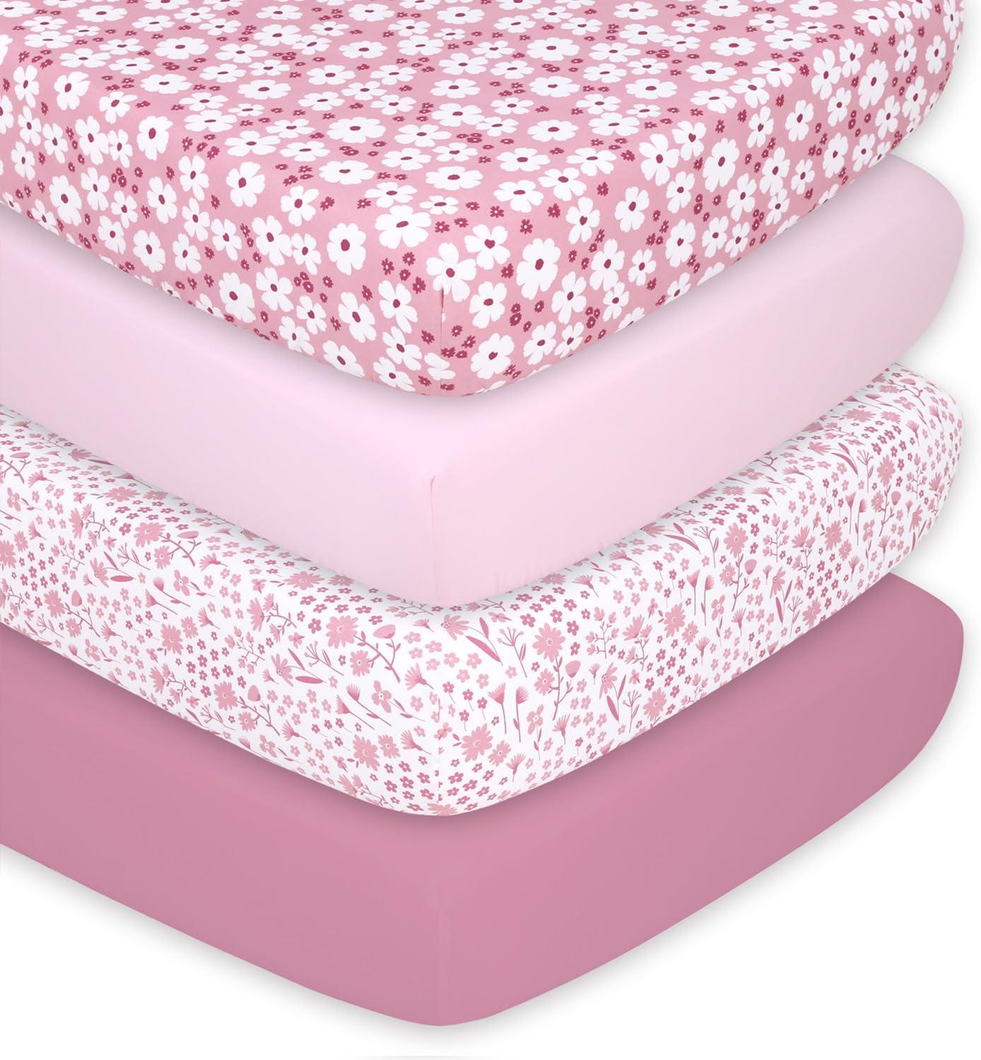 The Peanutshell Fitted Crib Sheet Set for Baby Girls, Daisy, 4 Pack | Pink, Mauve