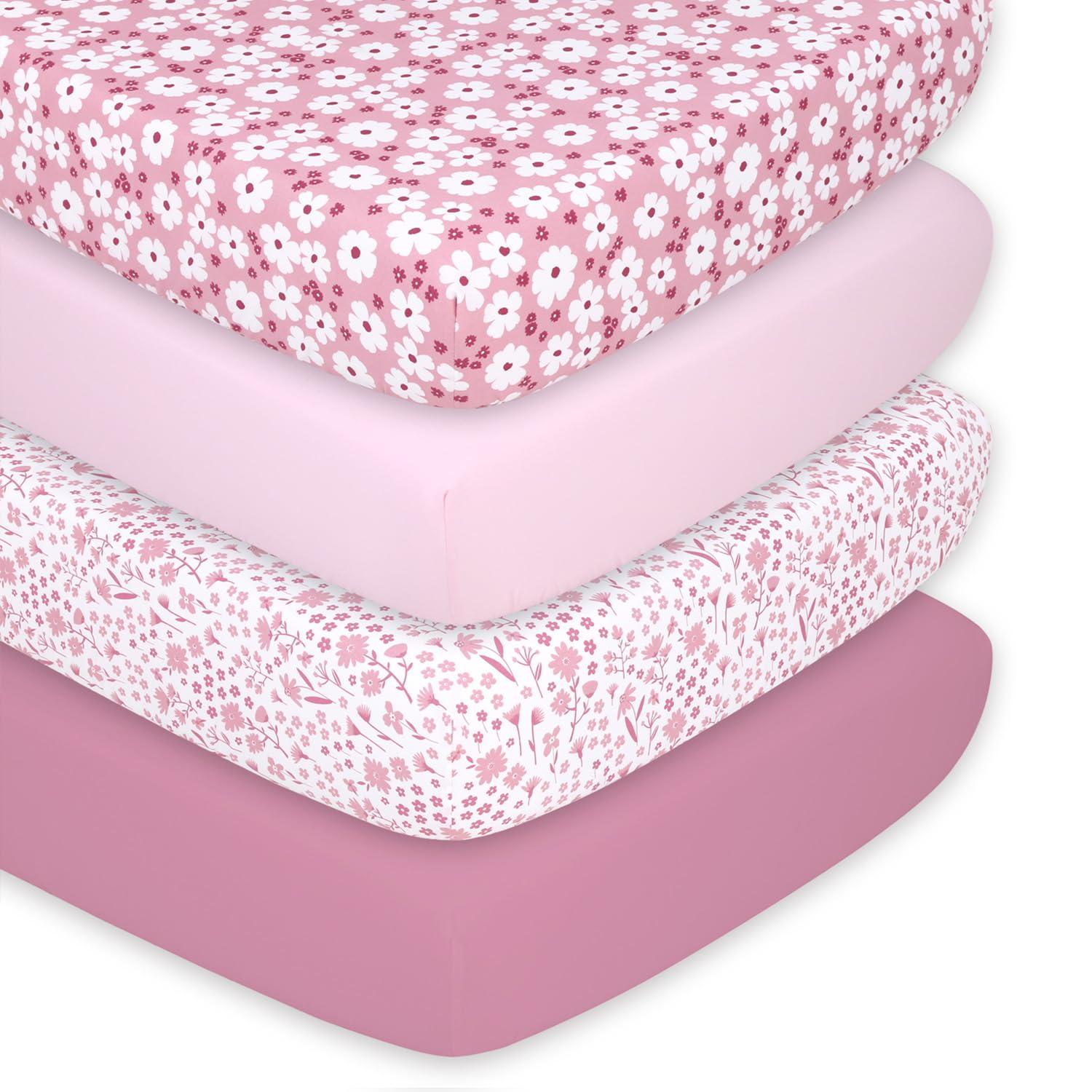 The Peanutshell Fitted Crib Sheet Set for Baby Girls, Daisy, 4 Pack | Pink, Mauve