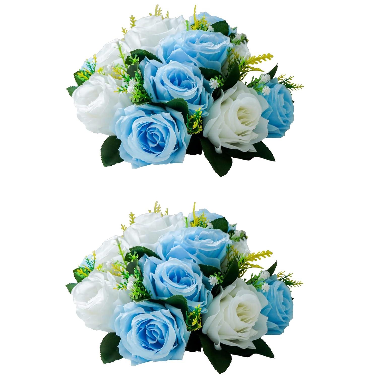 Nuptio Set of 2 Blue&White Artificial Flower Kissing ball, 15 Heads Fake Peony Silk Rose Flowers Bouquet for Centerpiece Wedding Birthday Party Home Table Decor