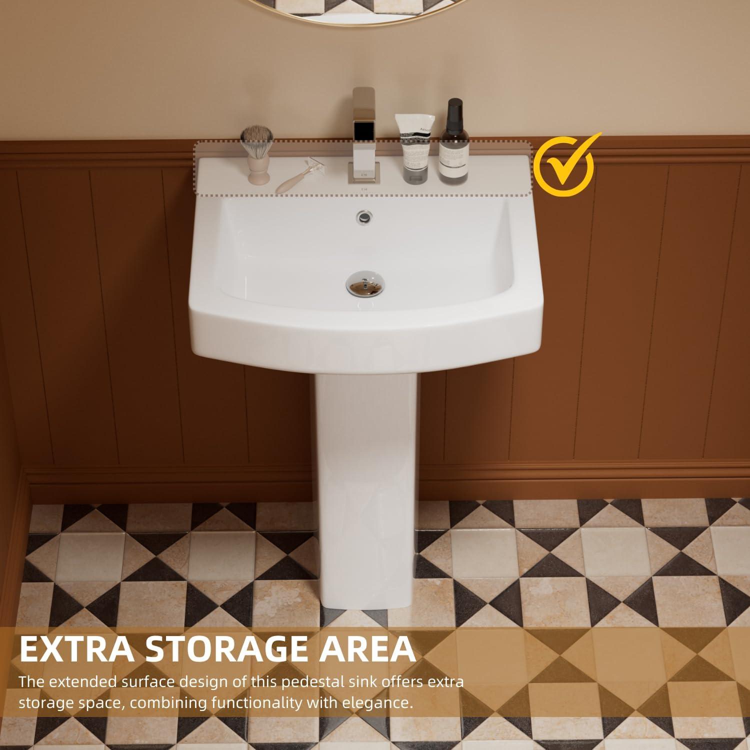 Classic Vintage Bathroom Pedestal Sink, Los Flexi 23"W x 19"D White Ceramic Freestanding Sinks for bathrooms, Overflow, 3 Pre-Drilled Holes for 4-Inch Faucets, Easy Install