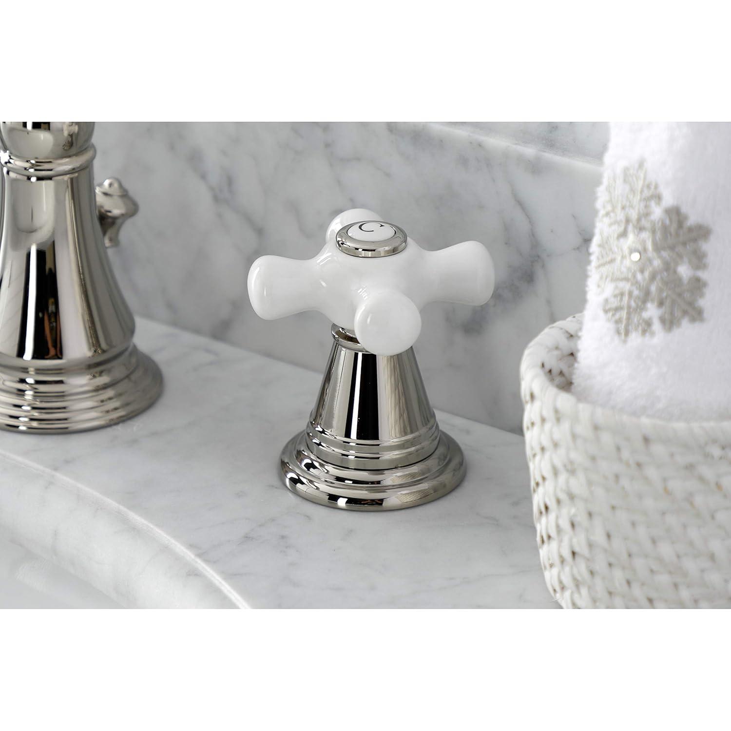 Kingston Brass American Classic Two-Handle 3-Hole Deck Mount Widespread Bathroom Faucet with Pop-Up Drain
