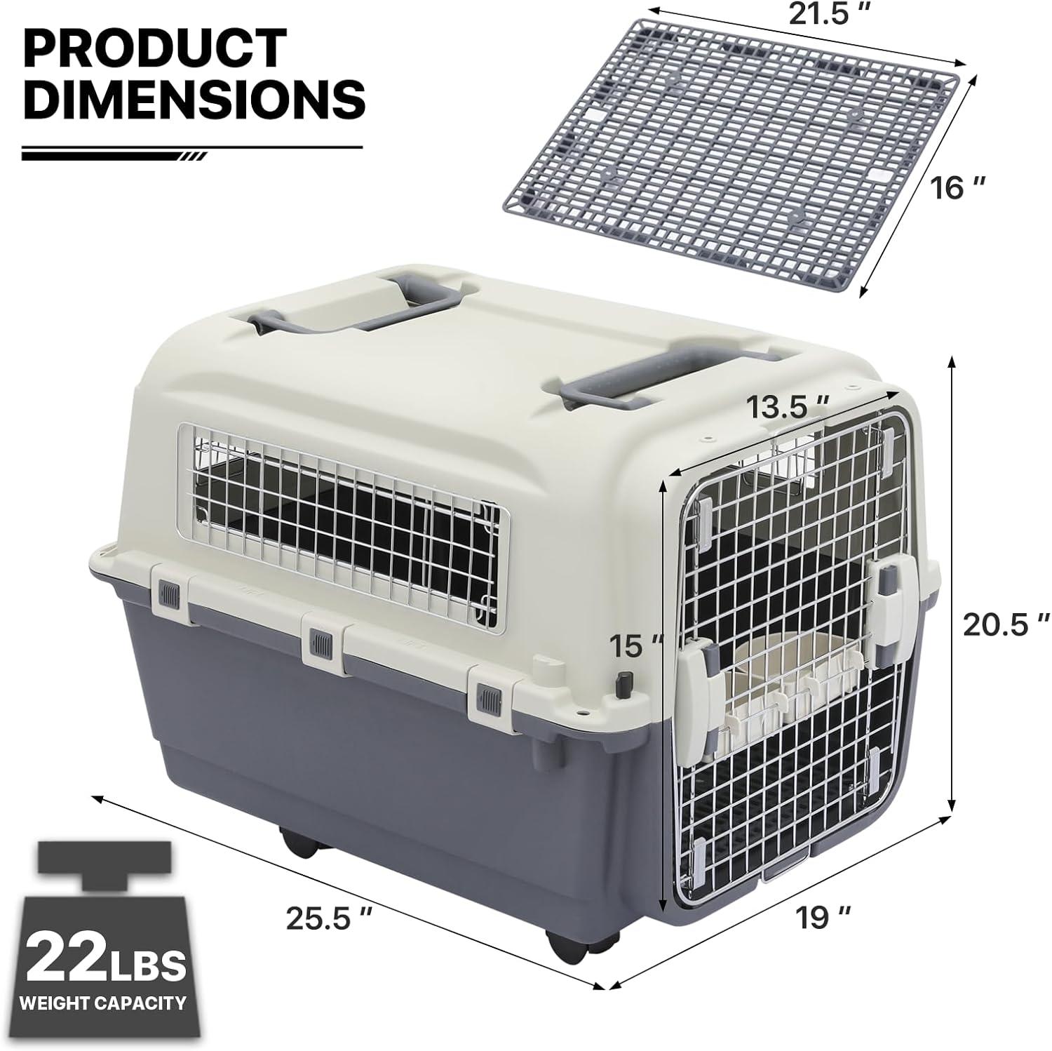 MoNiBloom Jaula Transpirable para Mascotas de 27 Pulgadas, Caja de Transporte, Perrera de Viaje para Perros con Tazones y Ruedas para Gatos y Gatitos, Aprobada por Aerolíneas, Blanco/gris