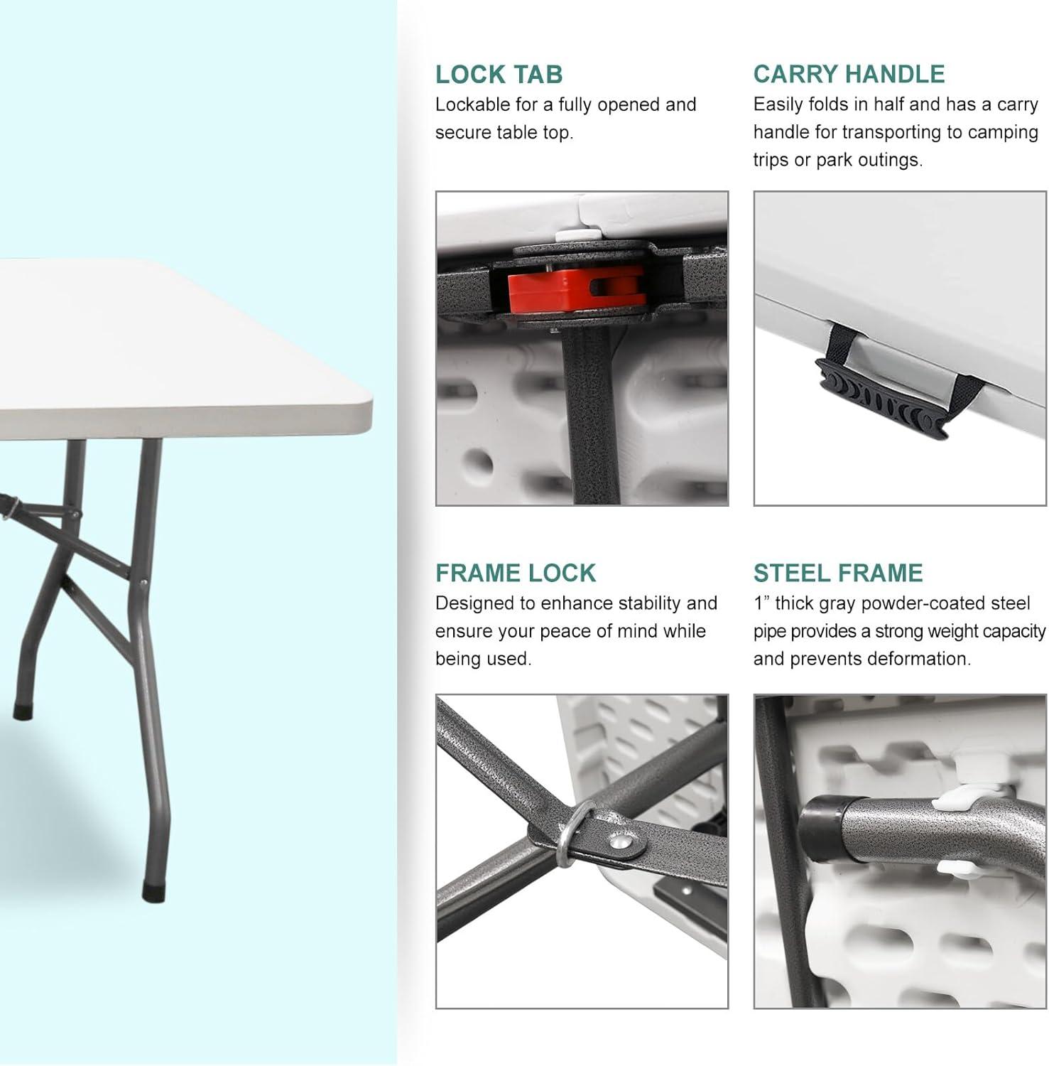 CL.HPAHKL Folding Table with Carrying Handle, Portable Plastic 6 Ft Camping Table, Sturdy Steel Frame for Indoor Outdoor, White
