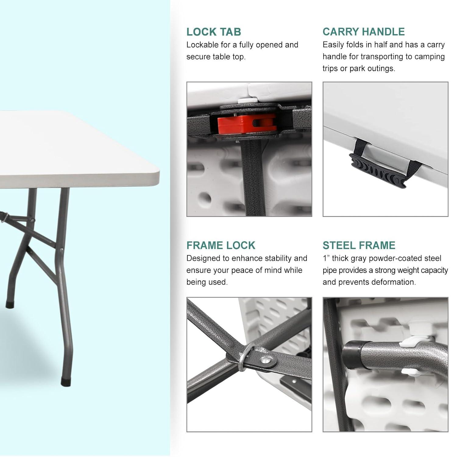CL.HPAHKL 6 Foot Folding Table with Carrying Handle, Portable Plastic Camping Table Fold in Half, 6 ft Foldable Table with Sturdy Steel Frame for Indoor Outdoor Camping, Picnic and Party, White