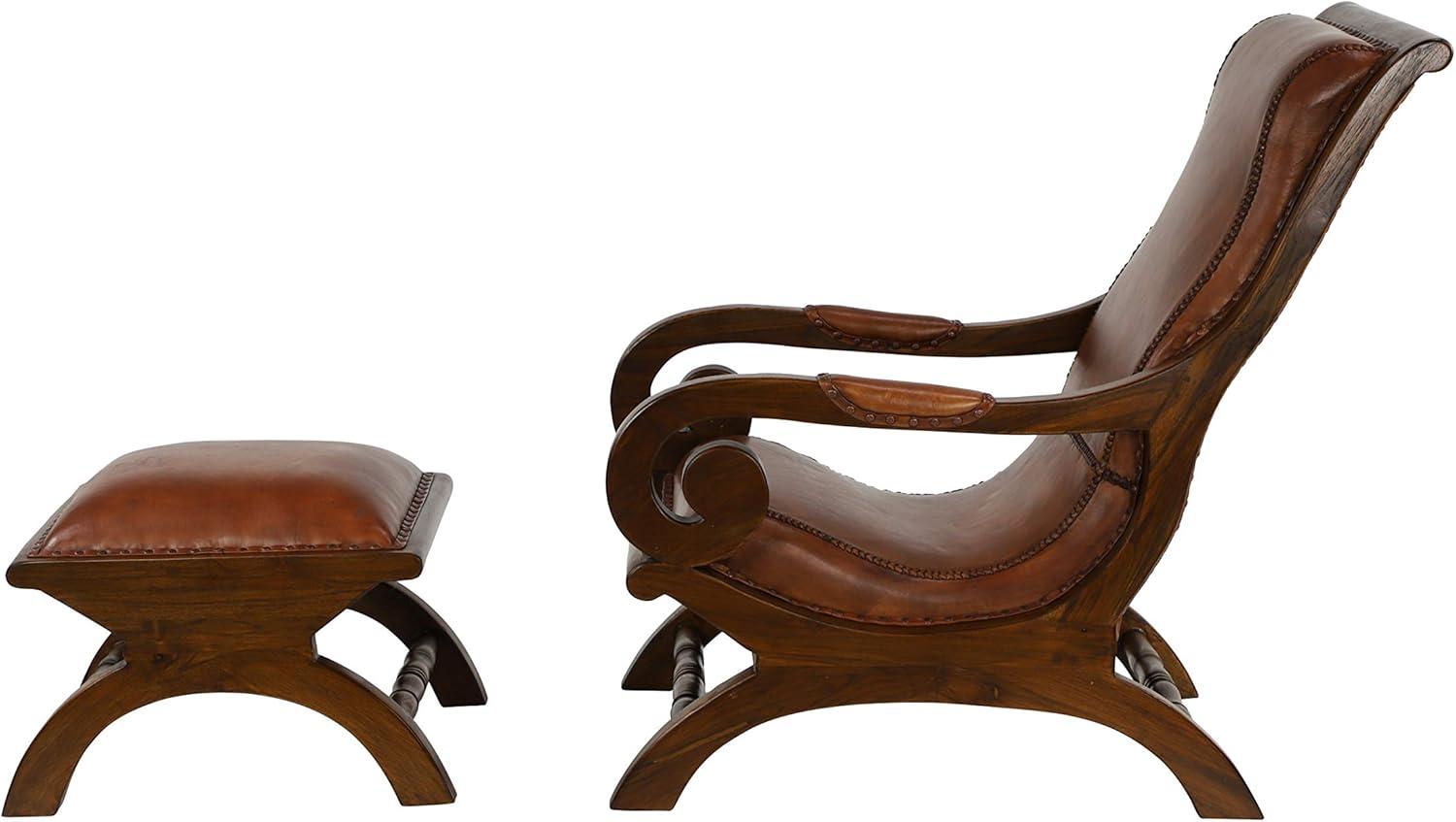 Handcrafted Brown Leather and Teak Wood Accent Chair with Ottoman