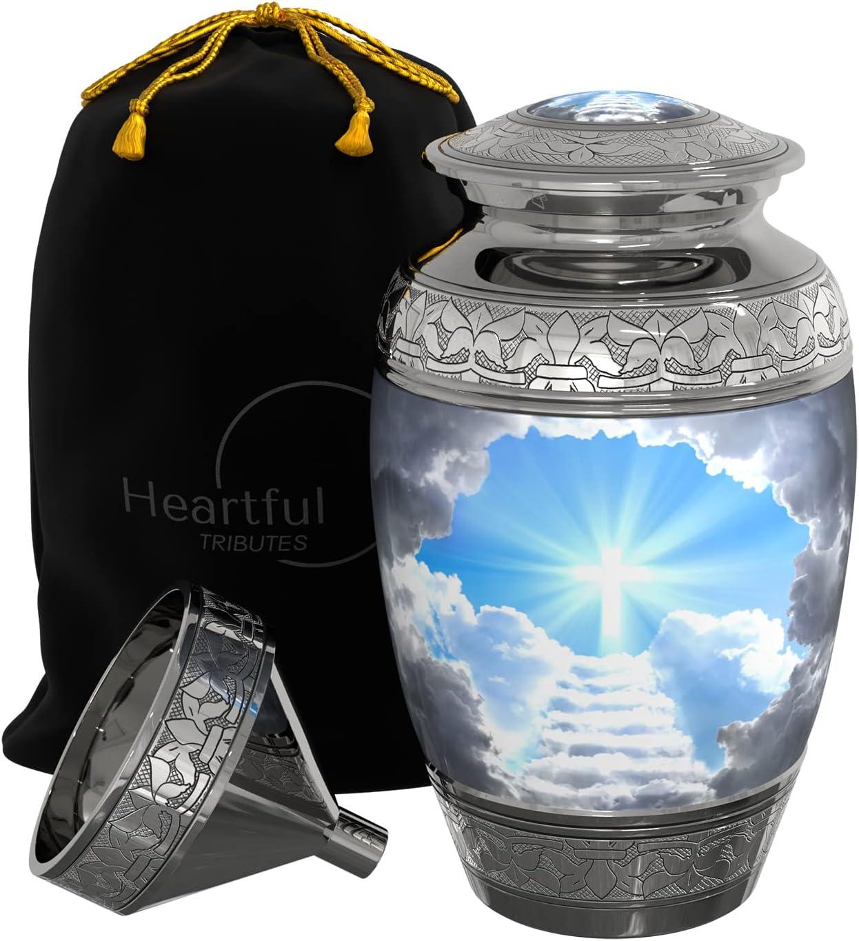 Stairway to Heaven Large Cremation Urn for Human Ashes with Handcrafted Funnel (Christian/Catholic/Cross/Adult/Male/Female)