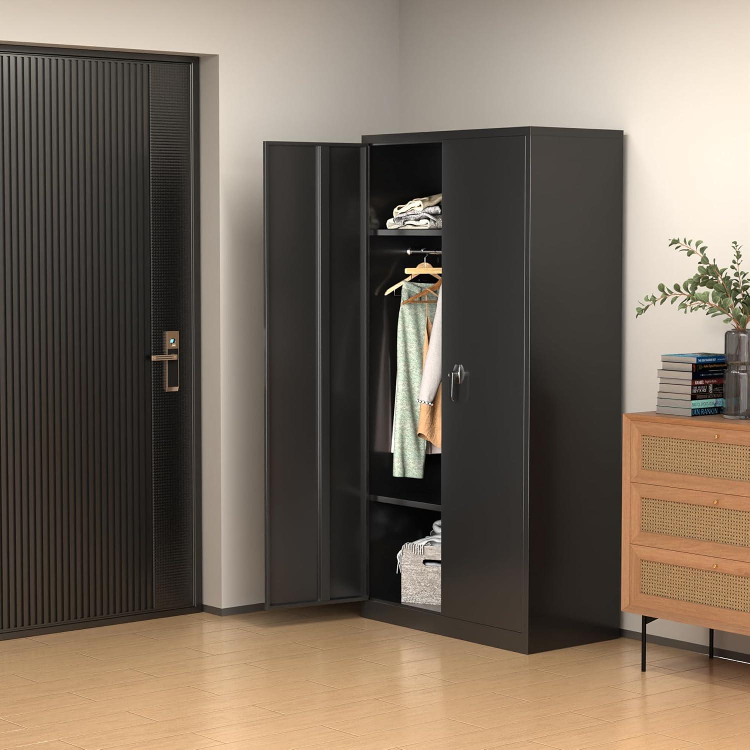 Black Metal Freestanding Wardrobe with Adjustable Shelves and Lockable Doors