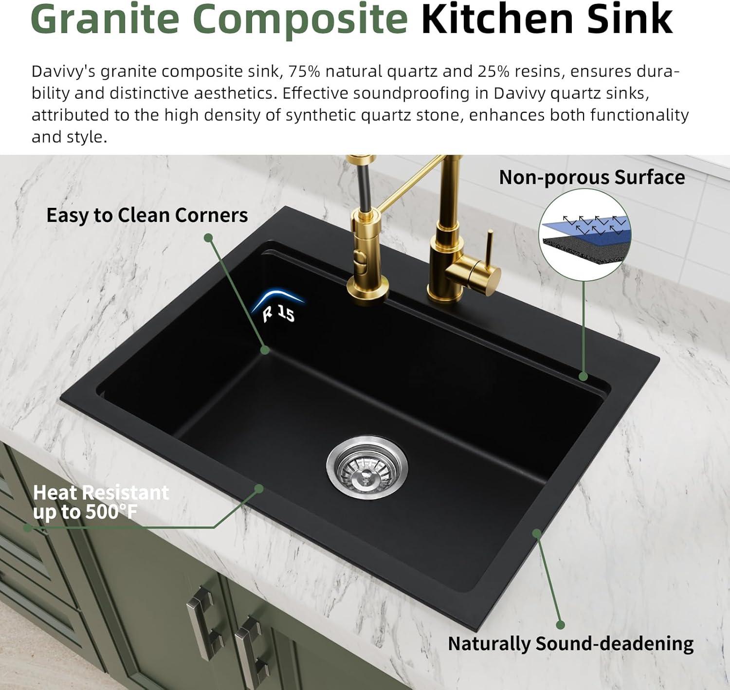 Davivy 33 Inch Black Granite Composite Kitchen Sink Workstation, 33 X 22 Quartz Composite Dual Mount Sink, Matte Black Composite Single Bowl Sink