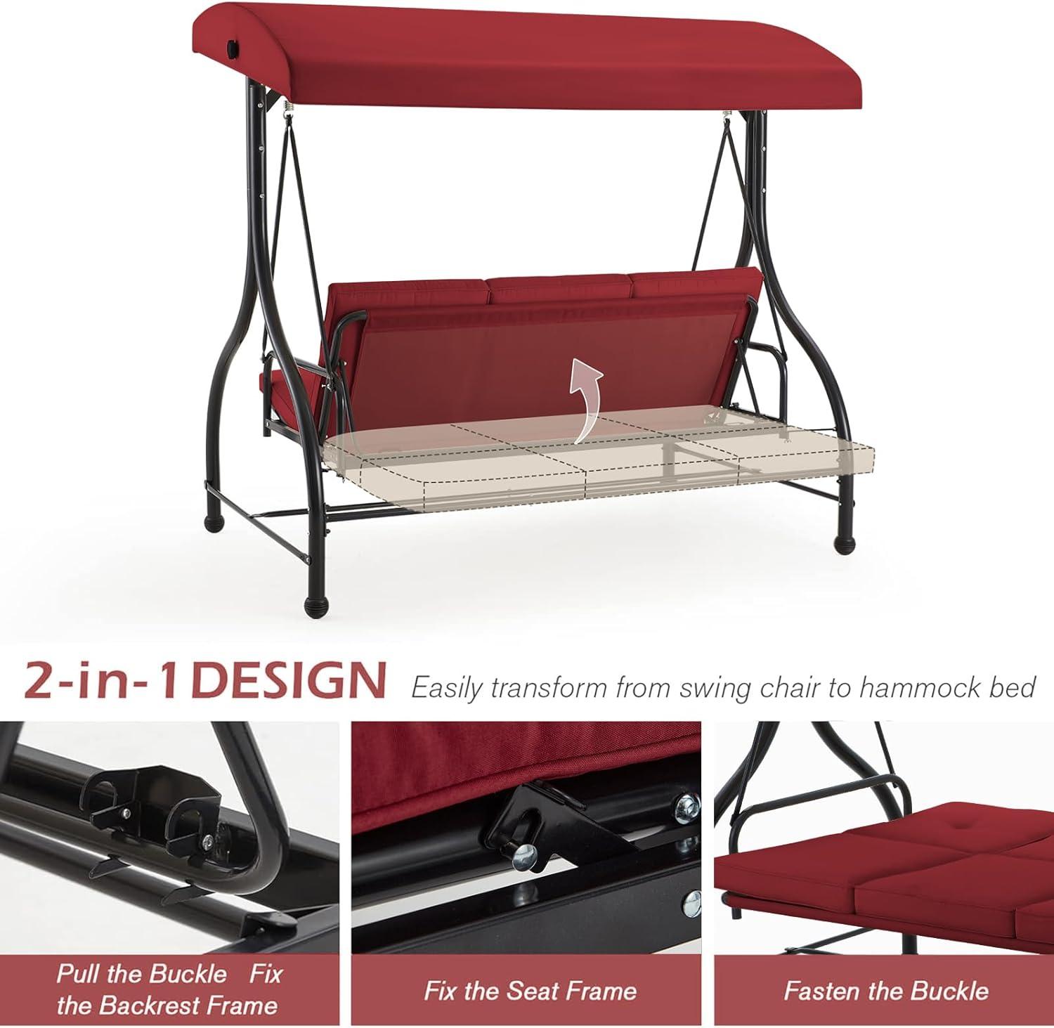 Burgundy 3-Seat Outdoor Swing with Adjustable Canopy and Cushions