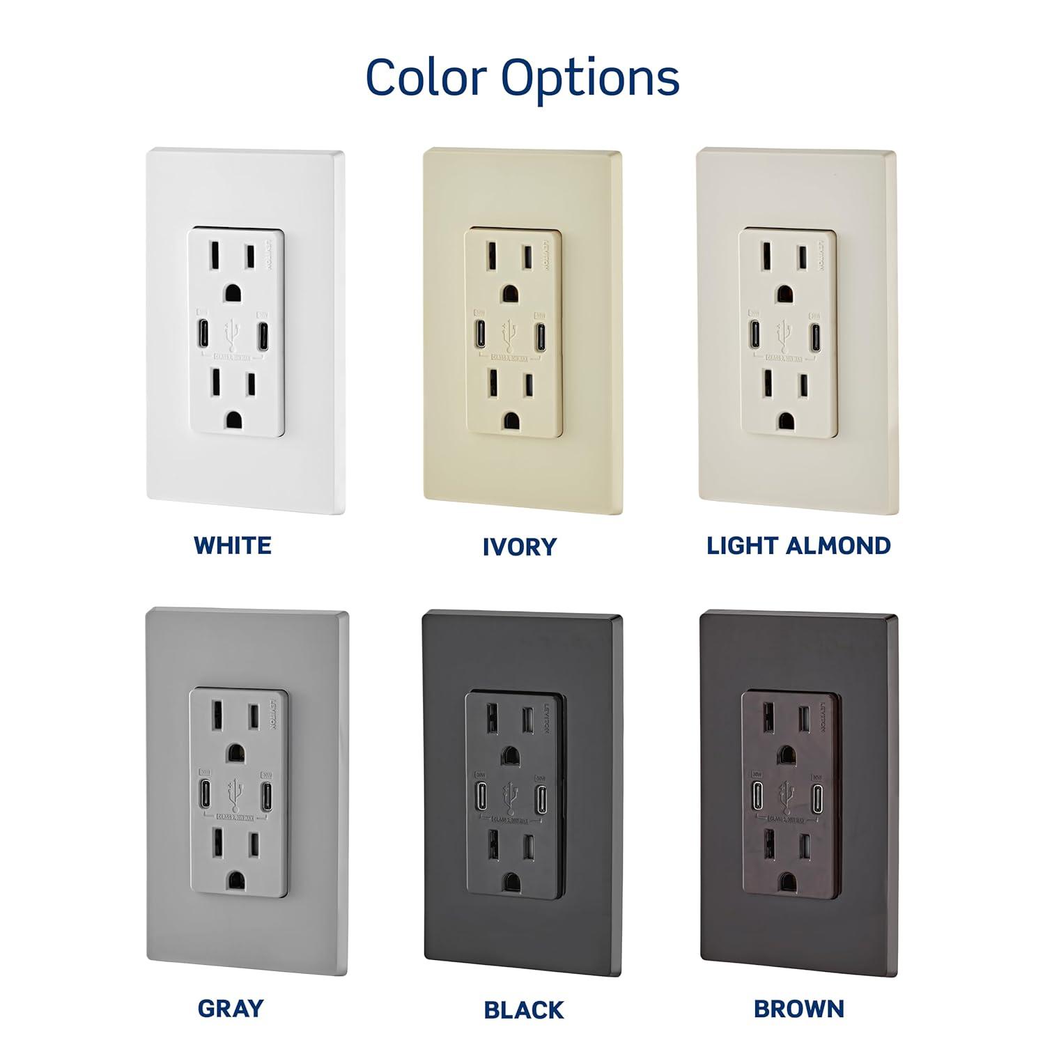 Leviton T5635-T USB Dual Type-C with Power Delivery (PD) In-Wall Charger with 15 Amp, 125 Volt Tamper-Resistant Outlet, Light Almond