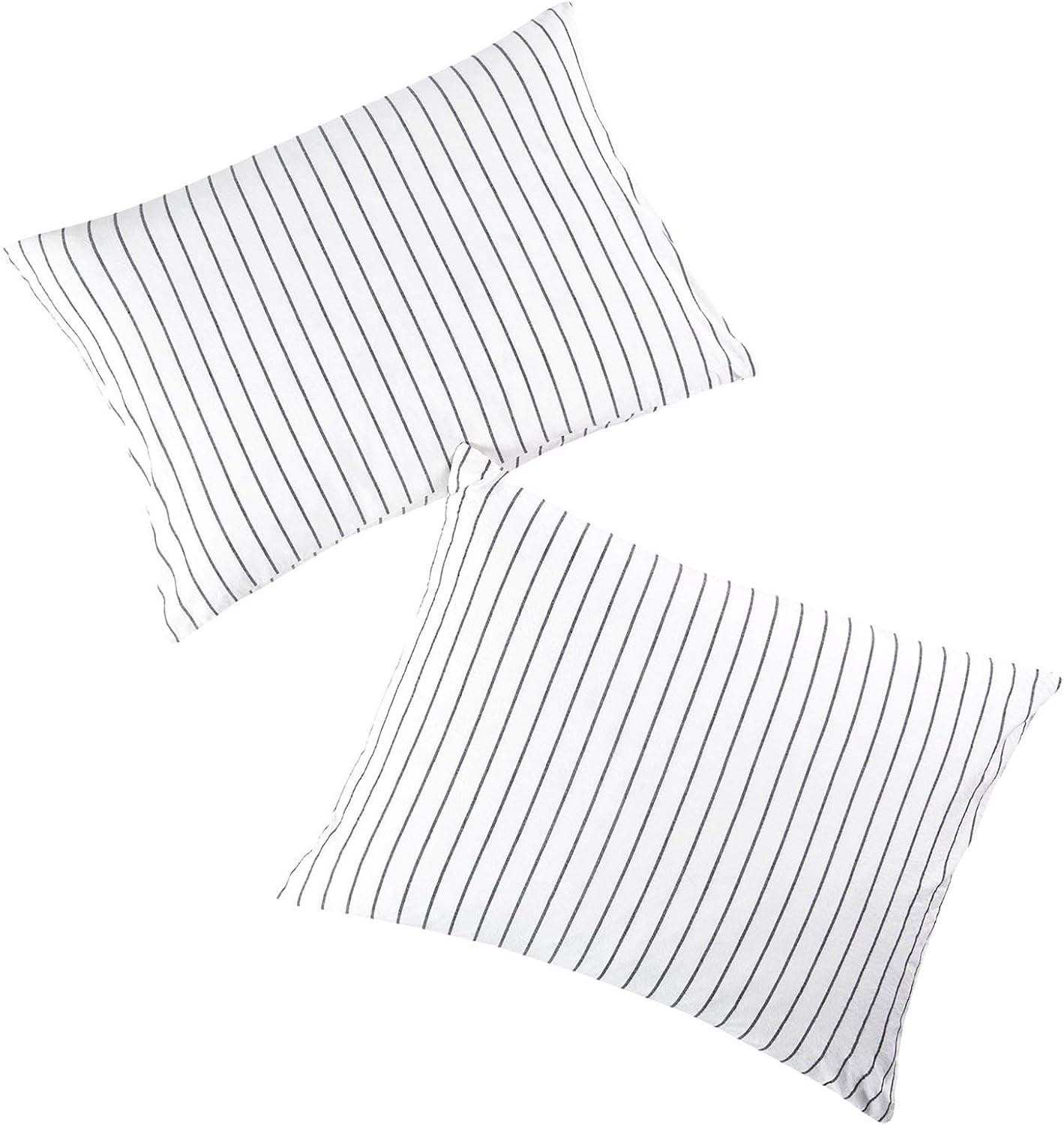 Wake In Cloud - Striped Pillow Cases, 100% Washed Cotton, Ticking Stripe Vertical Pinstripe Neutral Farmhouse, Set of 2 Pillowcases Pillow Shams Covers, Gray, Standard Size 20x26 Inches