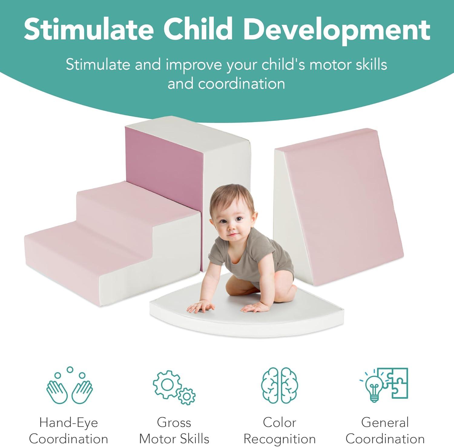 Best Choice Products 4-Piece Kids Climb & Crawl Soft Foam Block Playset Structures for Child Development - Pink