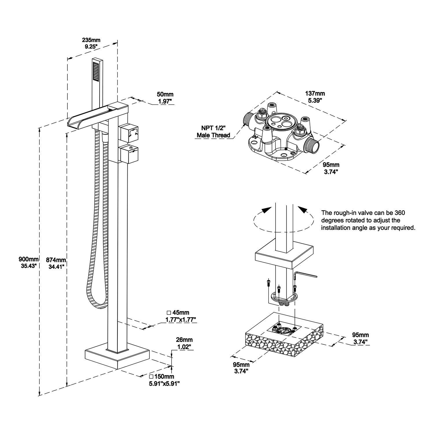 Chrome Freestanding Waterfall Tub Filler with Hand Shower