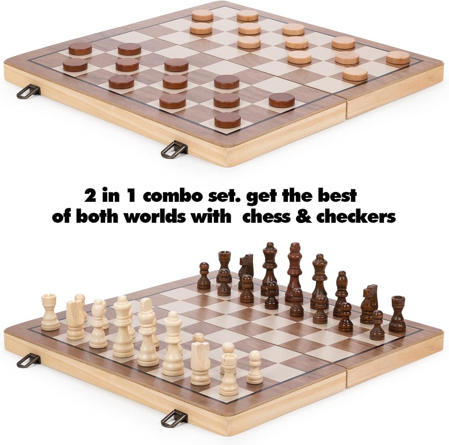 15" Folding Wooden Chess Set with Hand-Carved Pieces