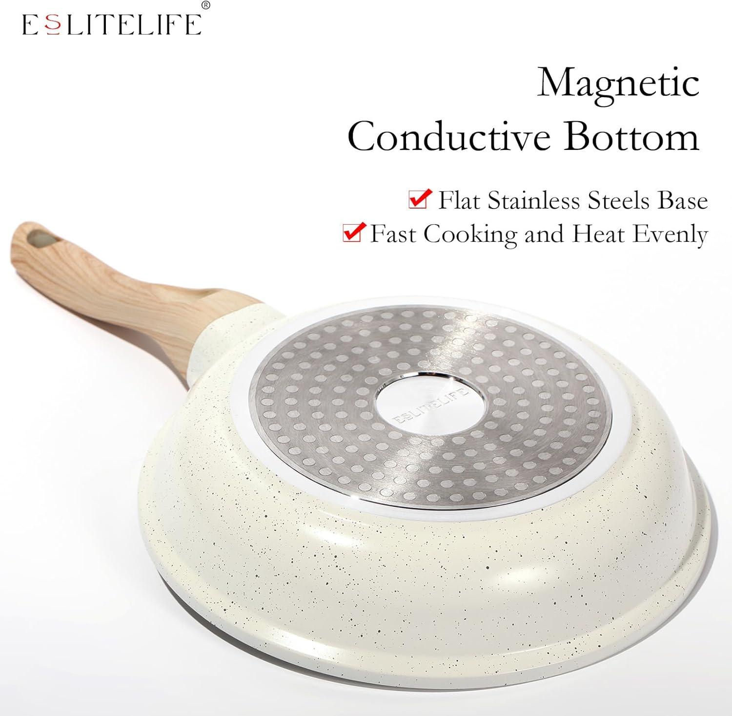 8-Inch White Ceramic Nonstick Aluminum Frying Pan with Woodgrain Handle