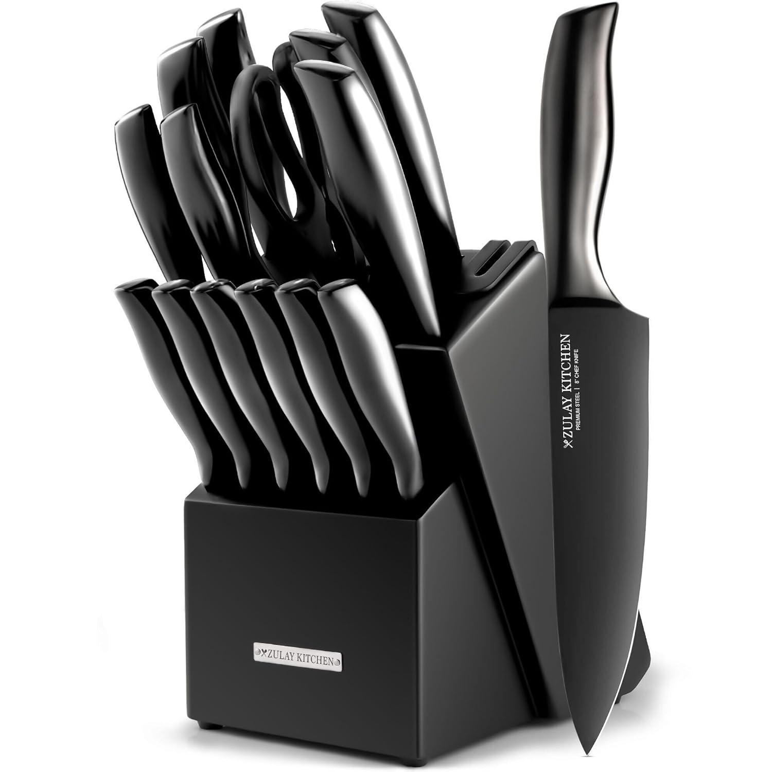 Zulay Kitchen Zulay Kitchen Premium 15-Piece Knife Set with Natural Wood Block and Built-in Sharpener