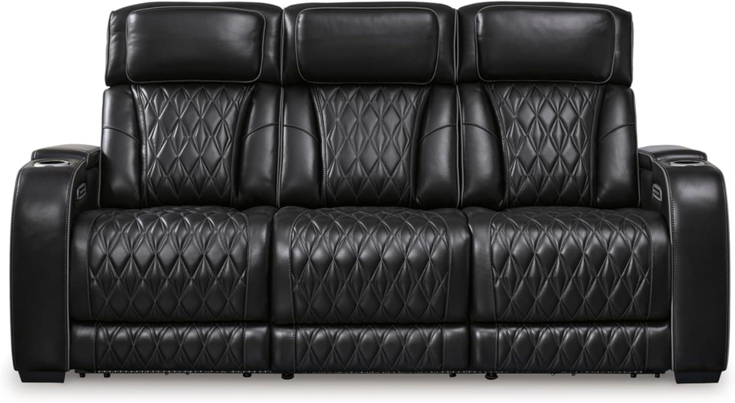 Black Leather Power Reclining Sofa with Cup Holder