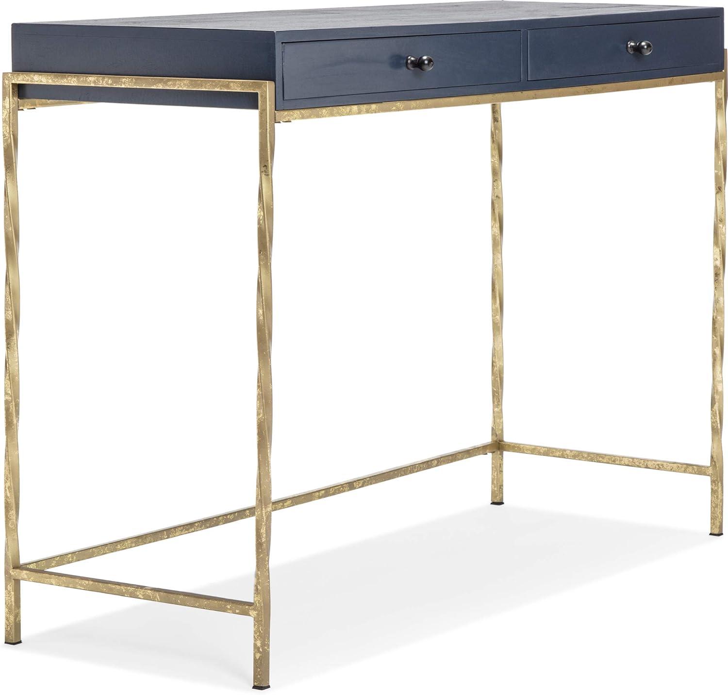 Navy Blue and Gold Wood Console Table with Storage