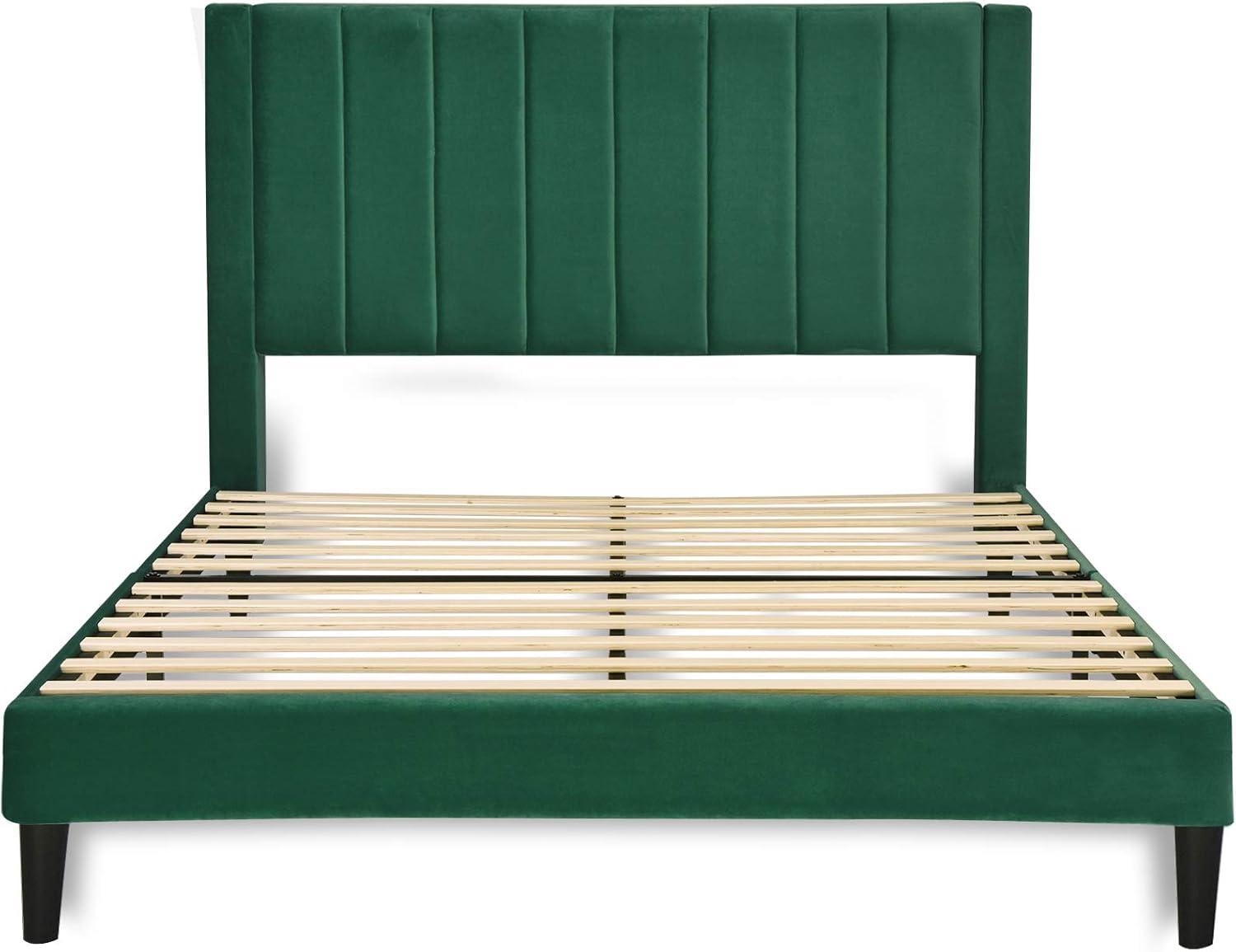 Einfach Queen Size Platform Bed Frame with Upholstered Velvet Vertical Headboard, Green