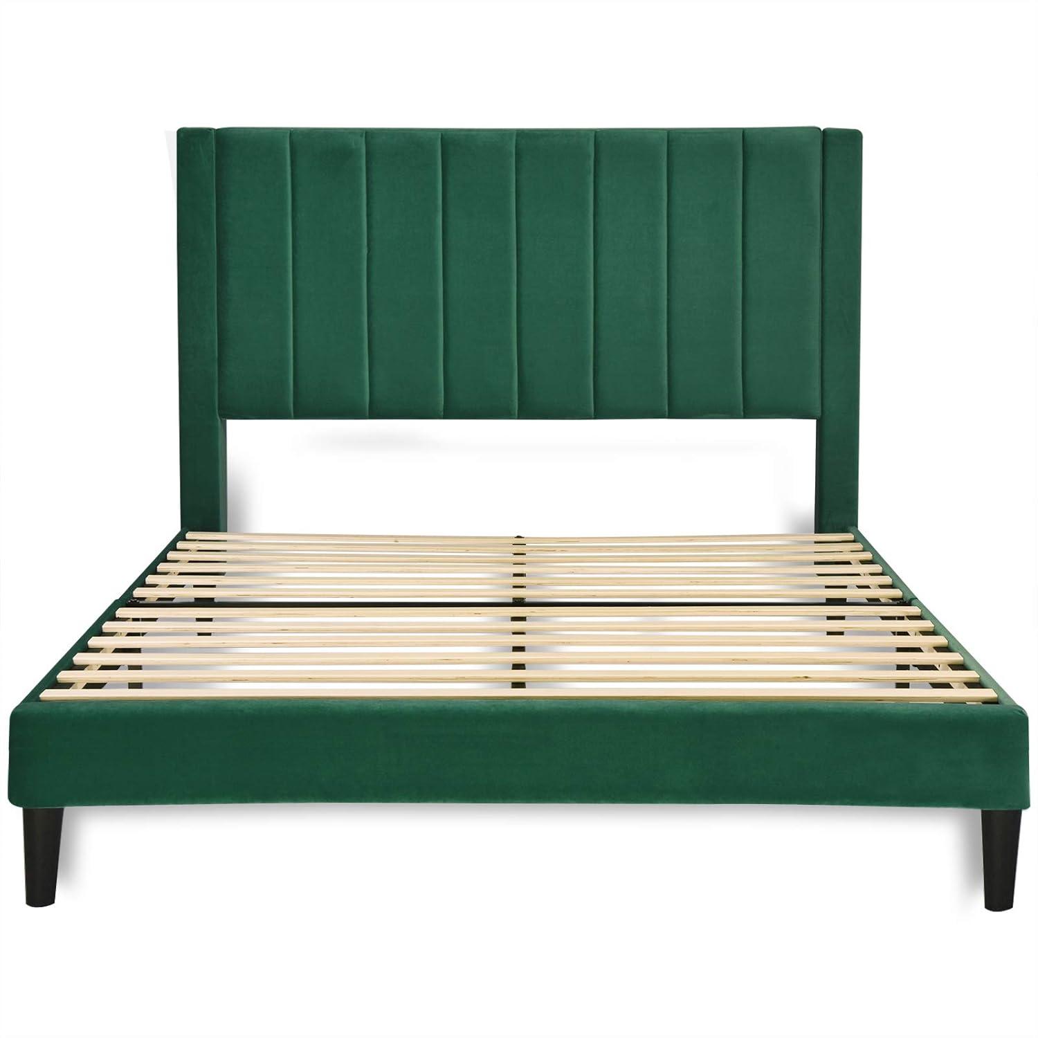 Einfach Queen Size Platform Bed Frame with Upholstered Velvet Vertical Headboard, Green