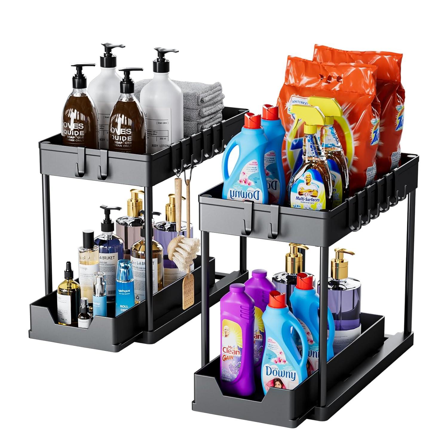 Kisportee 2 Pack Under Sink Organizer, 2 Tier Sliding Under Bathroom Cabinet Organizer with 10 Hooks and 4 Hanging Cups, Multi-Purpose Kitchen Counter Shelf, Black
