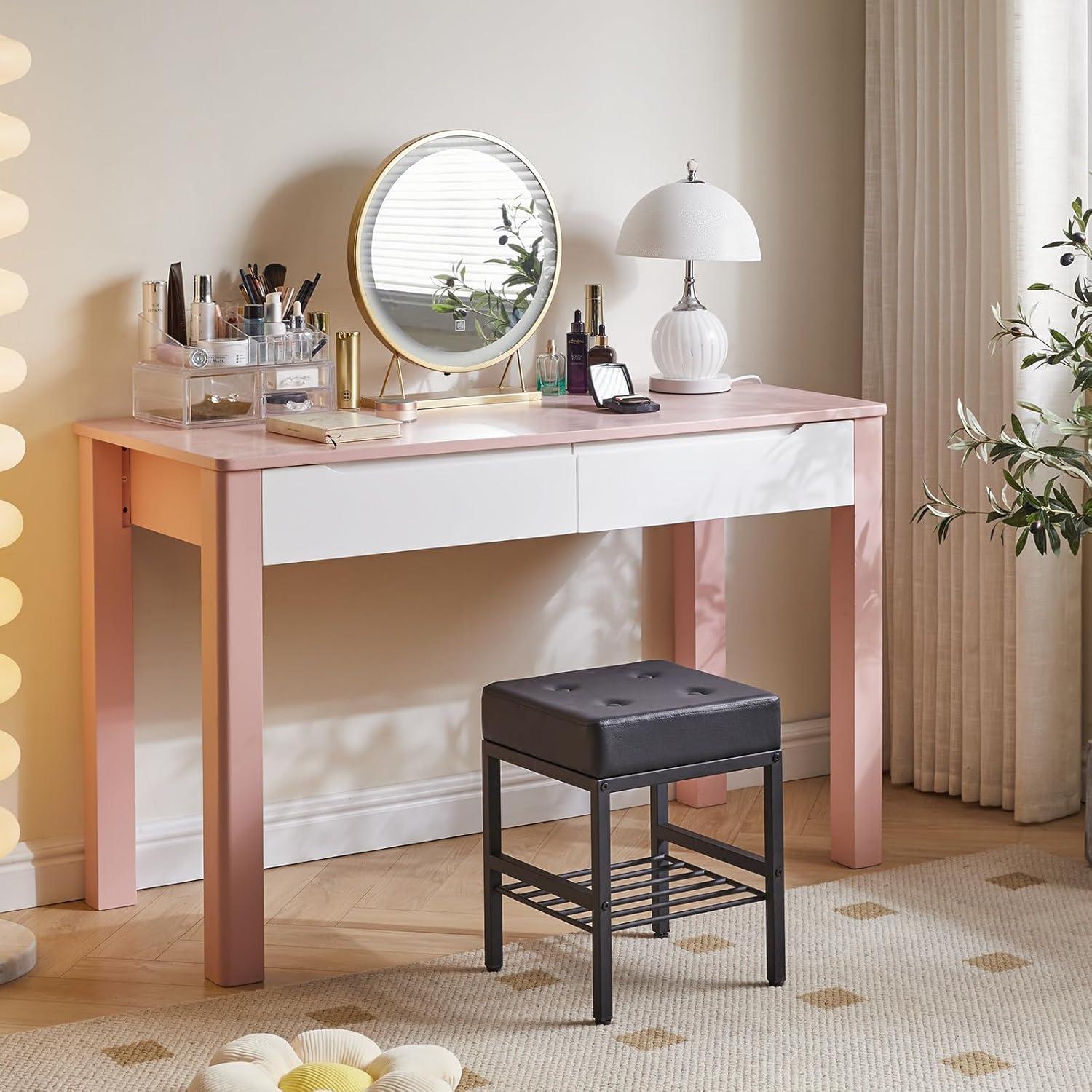 Everly Quinn Square Makeup Stool With Adjustable Feet And Storage Space, Footrest Stool, PU Seat Vanity Stool, Multi-Use As Small Side Table Or Ottoman, Black