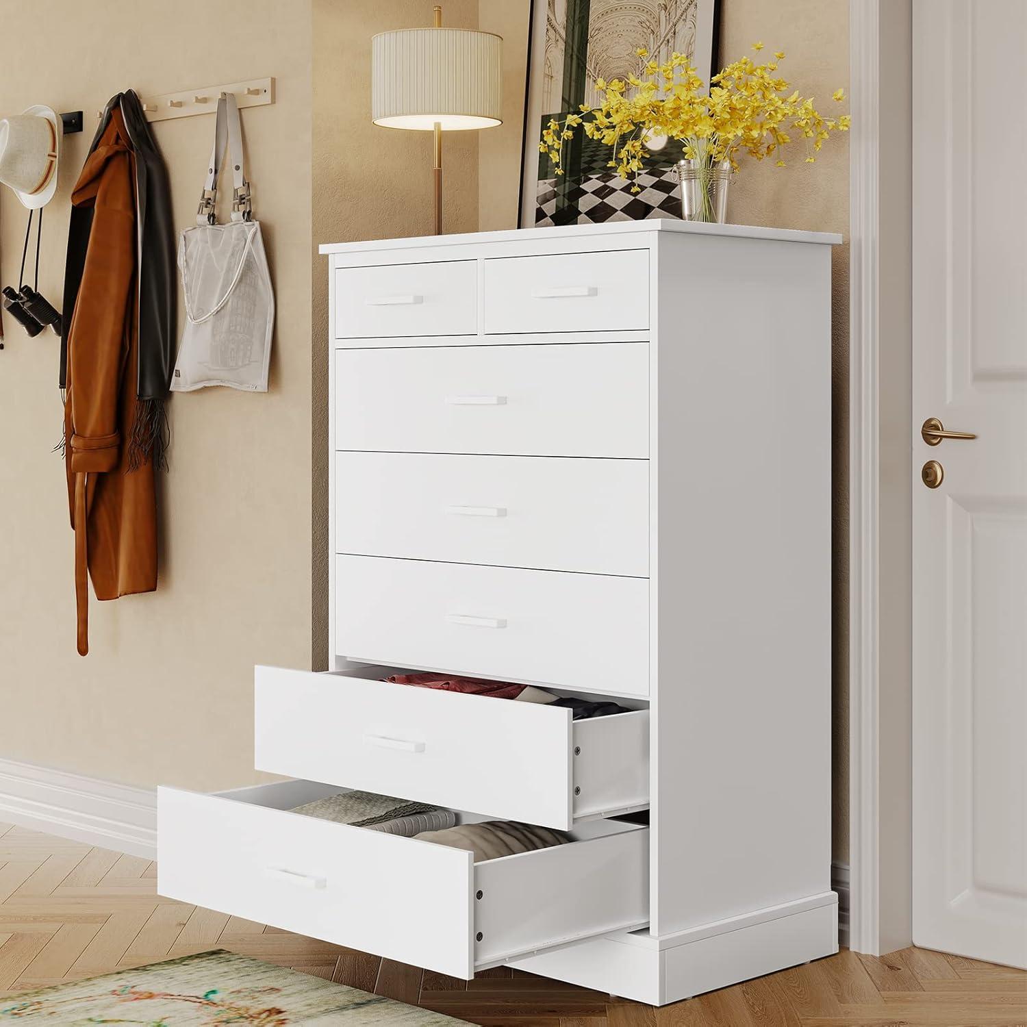 Hasuit White Dresser for Bedroom, Tall 7 Drawer Dresser with Sturdy Base, Wood Storage Tower Clothes Organizer, Large Storage Cabinet, Chest of 7 Drawers for Closet, Living Room, Hallway