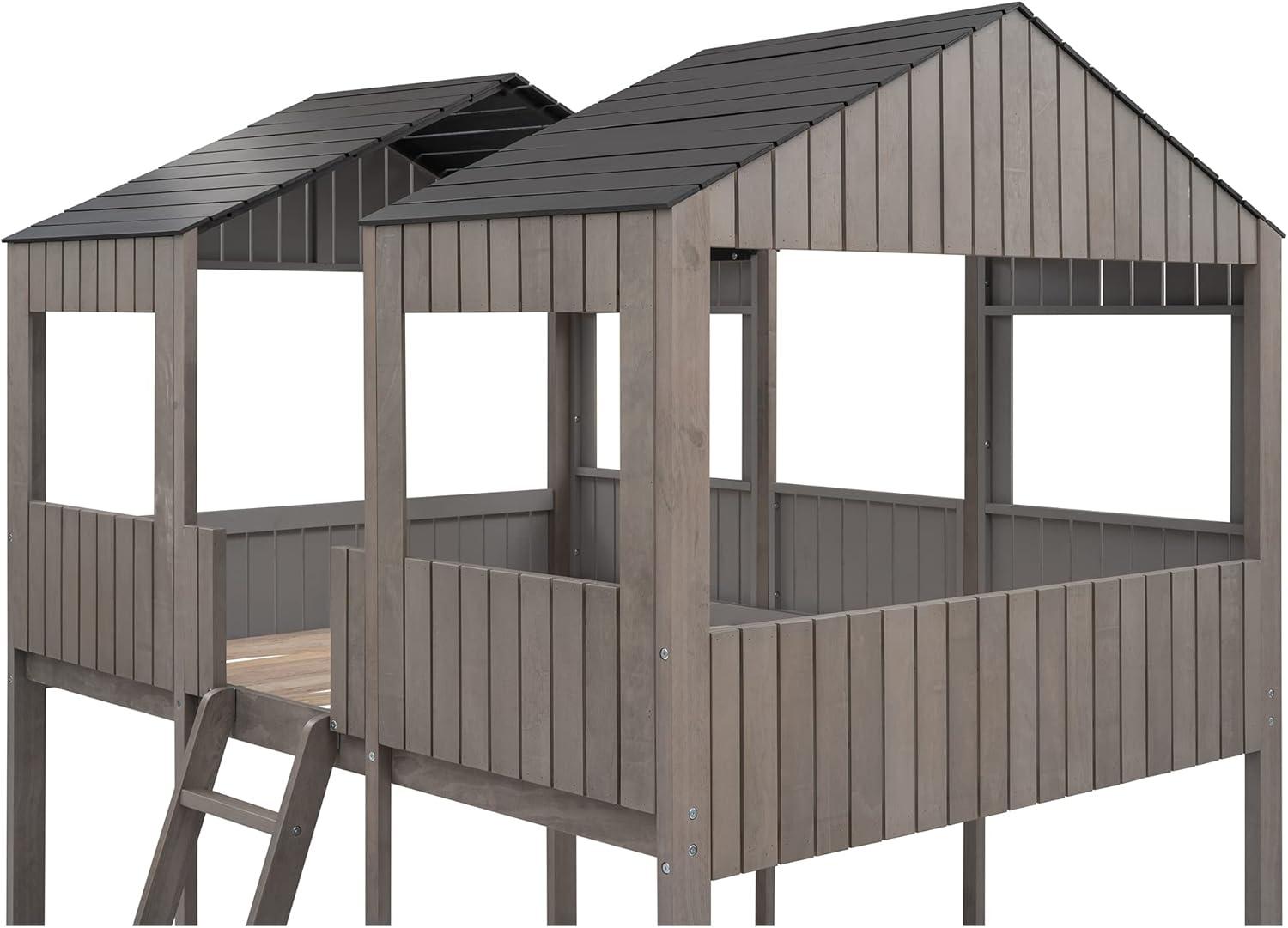 Harper & Bright Designs House Bed Bunk Beds Full Over Full Size,Wood Bunk Beds with Roof and Guard Rail for Kids,Toddlers,No Box Spring Needed,Antique Grey