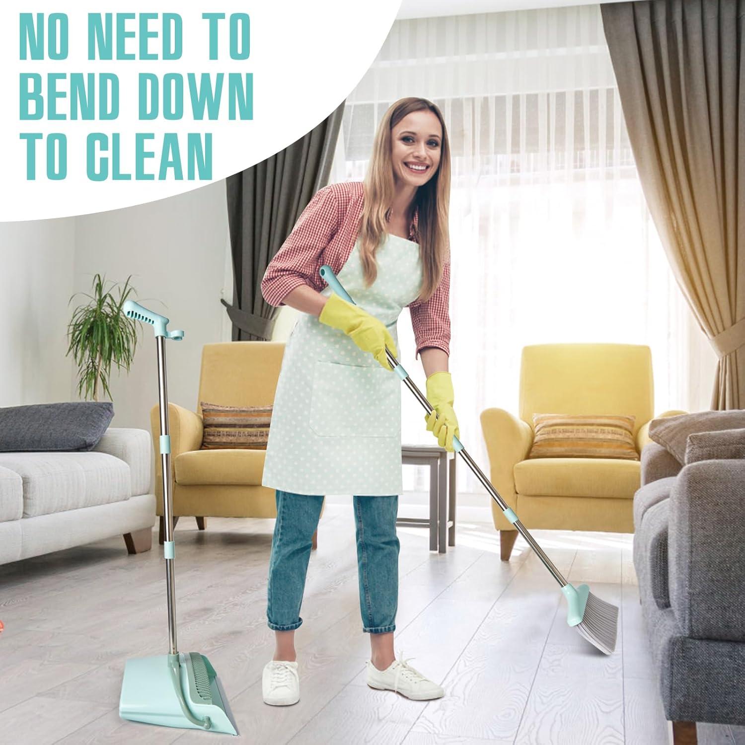 QUALITY FLOORING INC. Broom And Dustpan Set For Home, Broom With Dustpan Cleaning Teeth Combo Set, Indoor Sweep Broom, 55” Long Handle Broom For Office Home Kitchen Lobby Floor