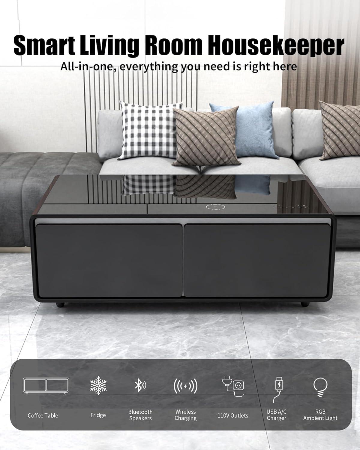 Livtab Smart Coffee Table with Built in Fridge, Bluetooth Speakers, Wireless Charging, Outlets, RGB Light, Brown