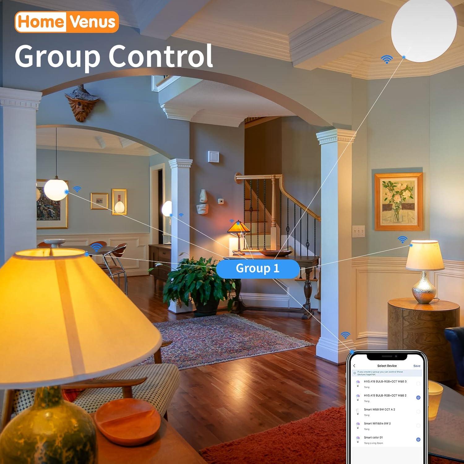 Homevenus HVS Smart Light Bulbs,9W A19 E26 Dimmable Tunable Cool Warm White LED Light Bulb 2500k-6500k, APP Control 2.4GHz WiFi Bluetooth Assist Connection, Work with Alexa/Google Assistant 1 Pack