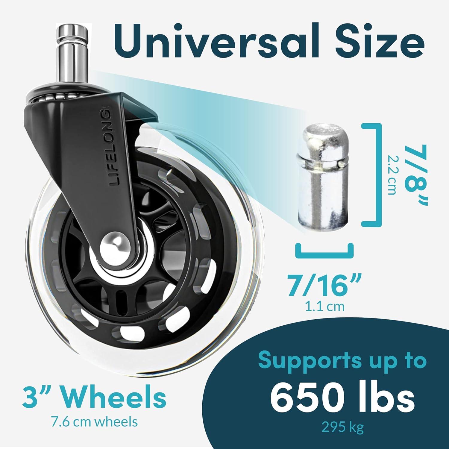 Lifelong Office Chair Caster Wheels for Hardwood Floors and Carpet, Heavy Duty, Universal Fit - Black