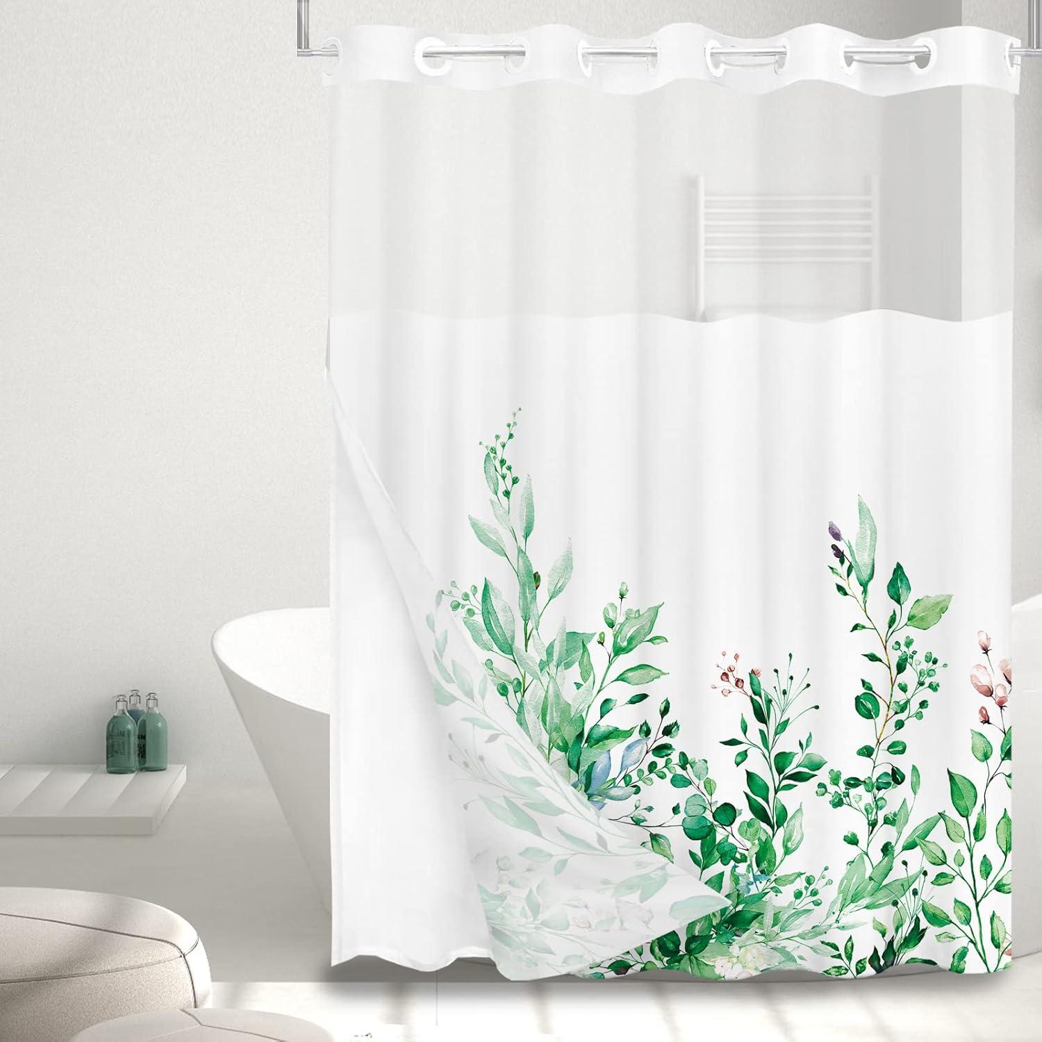 No Hook Shower Curtain with Snap in Liner, Eucalyptus Leaf Vintage Sage Green Leaves Hotel Shower Curtains for Bathroom, Washable Shower Curtain Liner Set with Mesh Top Window, 66"x72"