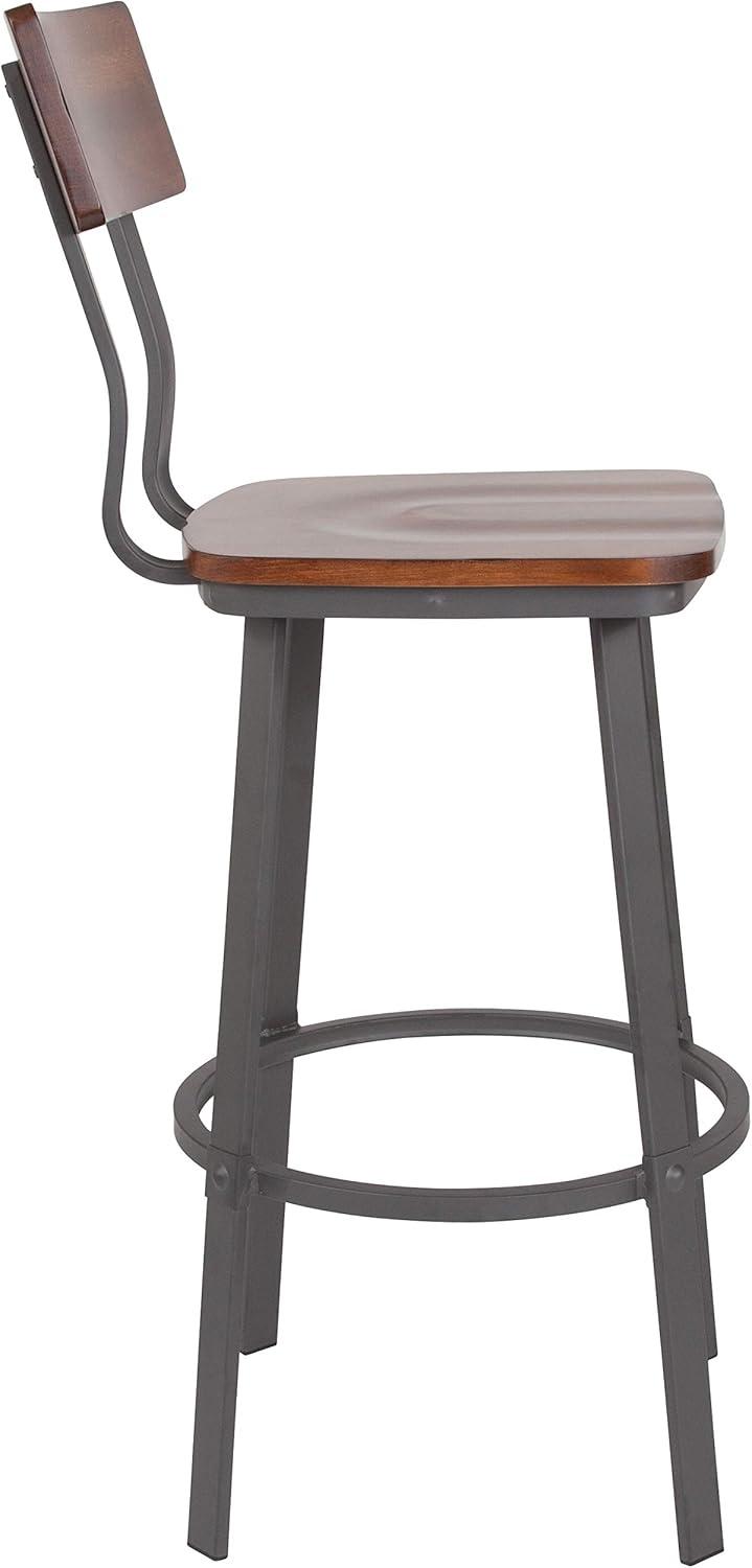 Flash Furniture Flint Series Rustic Walnut Restaurant Barstool with Wood Seat & Back and Gray Powder Coat Frame